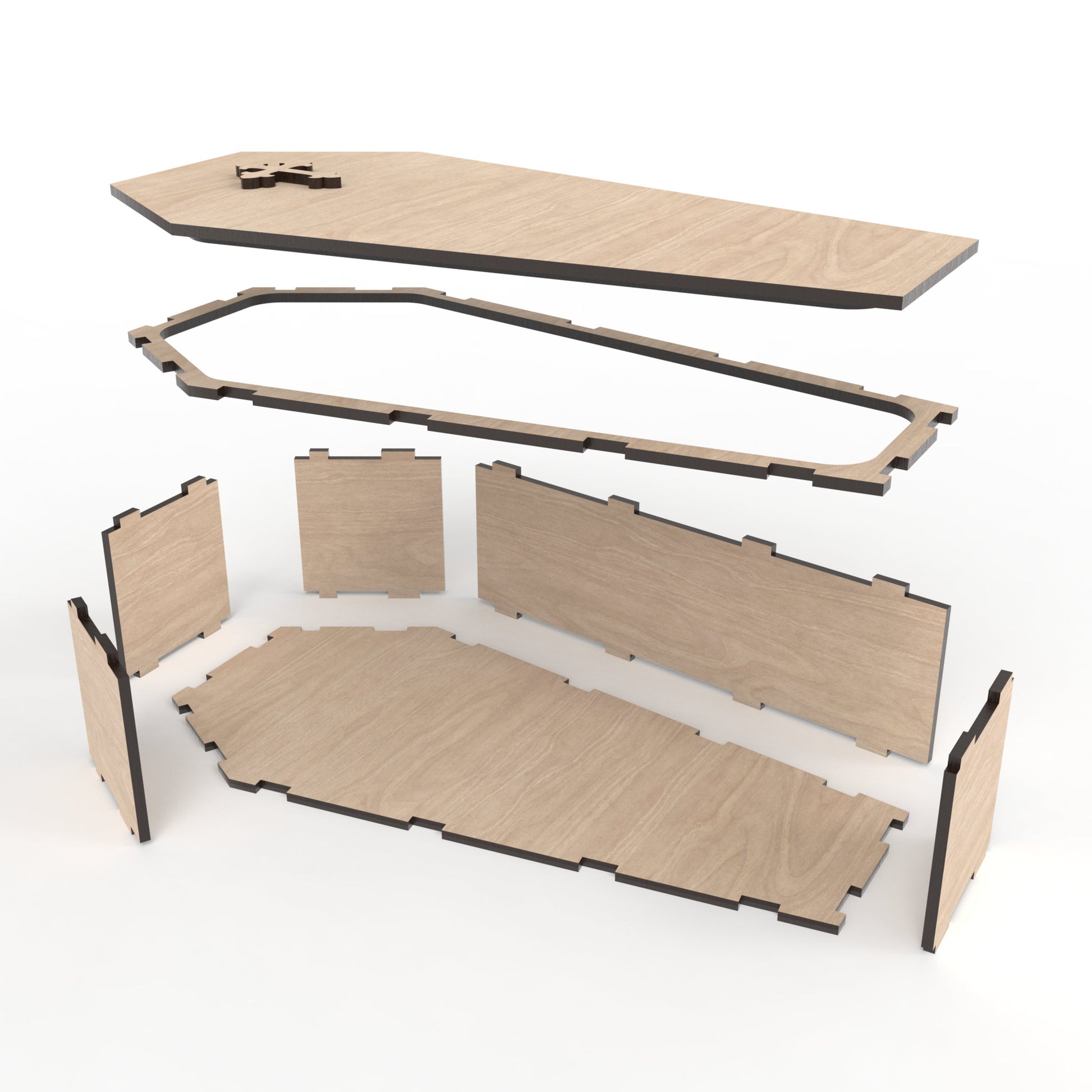 An exploded view of our Coffin Box Kit made from our laser cutting files and available for digital download. Measures approximately 30cm in length, 14.5cm in width, and 8cm in depth. Suitable for various uses, including a coffin ring box, stash box, or memory box.