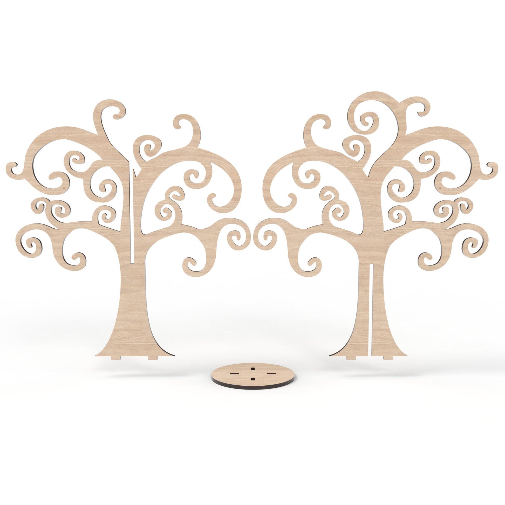 Exploded view of our curly Tree jewellery display stand made from our laser cutting files and available for digital download. Ideal for organizing and beautifully showcasing your jewellery.