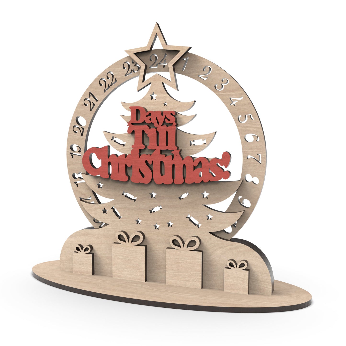 Days Till Christmas countdown calendar made from our laser cutting files and available for digital download. It features a captivating magic number wheel, Simply turn it each day to reveal the diminishing number of days until Christmas.