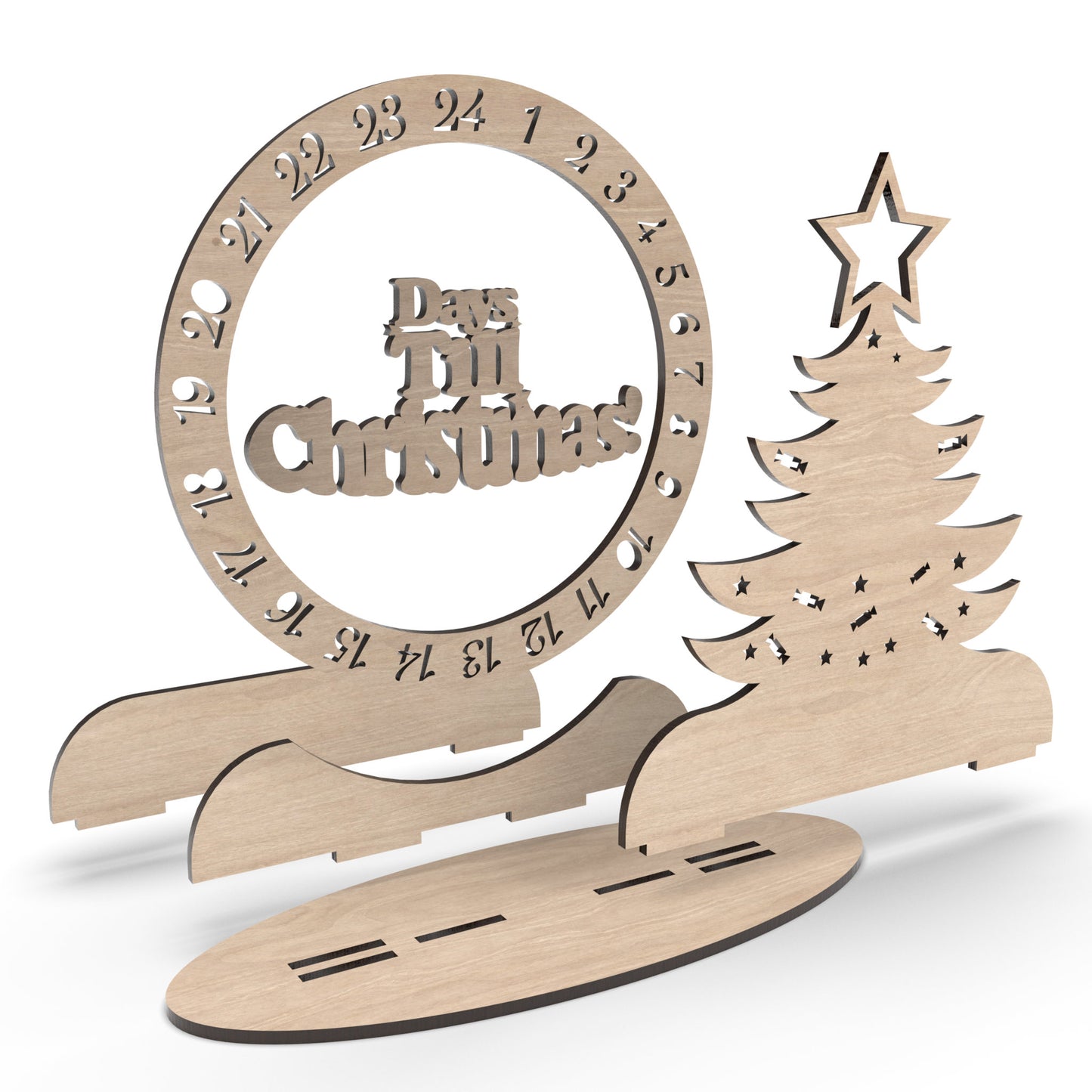 An exploded view of our Days Till Christmas countdown calendar made from our laser cutting files and available for digital download. It features a captivating magic number wheel, Simply turn it each day to reveal the diminishing number of days until Christmas.