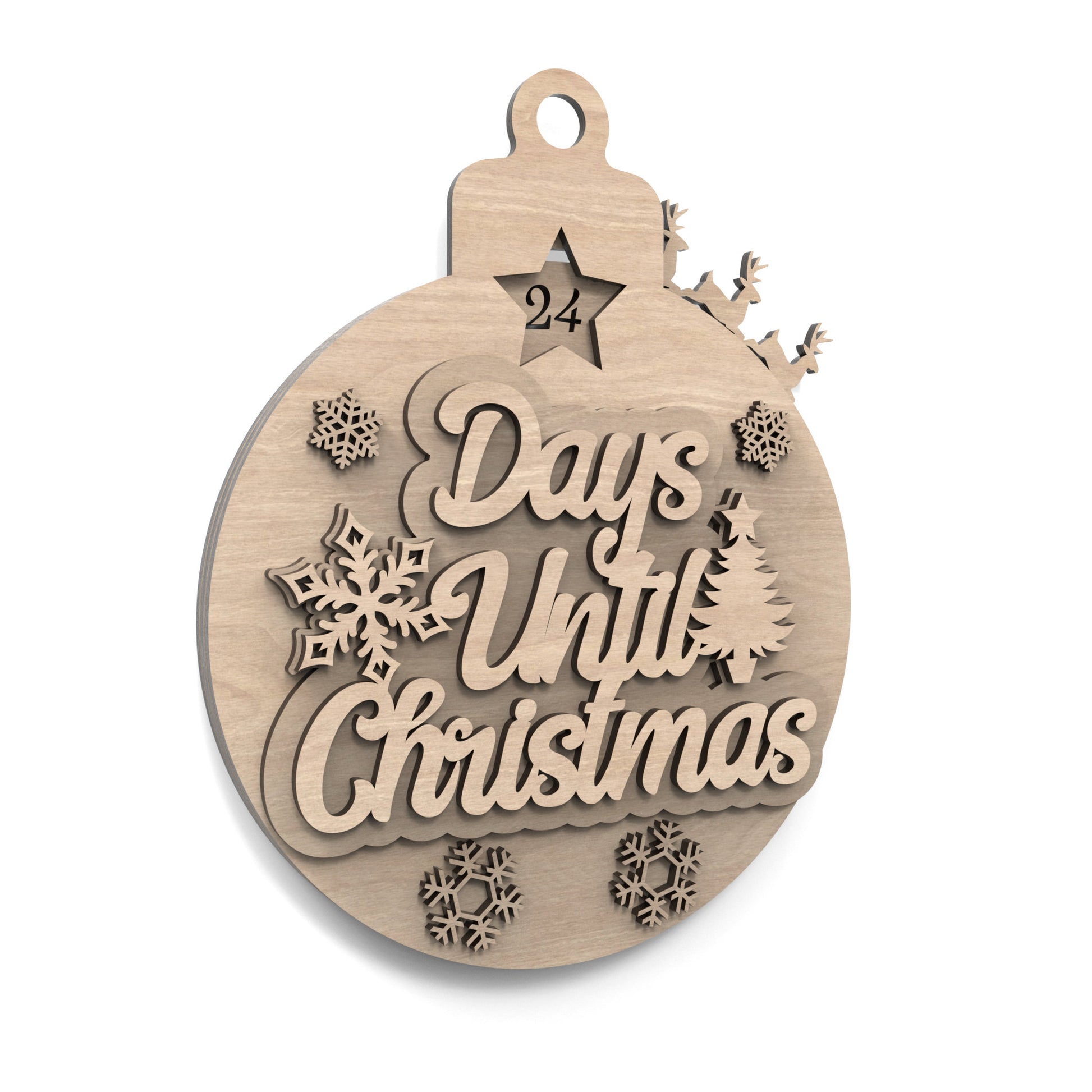 Days Until Christmas Countdown Calendar Bauble made from our laser cutting files and available for digital download. Features Santa's sleigh and reindeer revolving around the bauble's edge, counting down each day until Christmas.