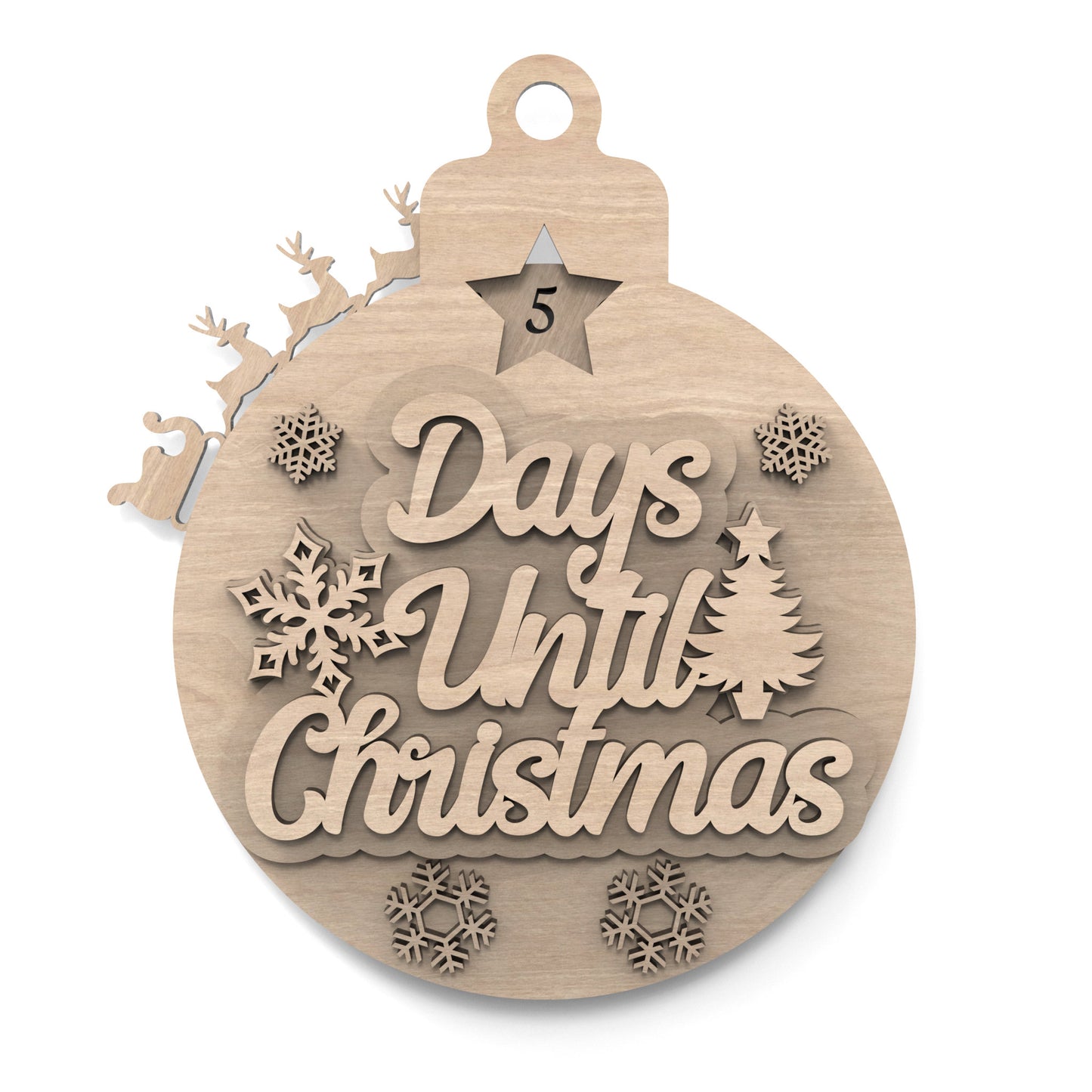 Days Until Christmas Countdown Calendar Bauble made from our laser cutting files and available for digital download. Features Santa's sleigh and reindeer revolving around the bauble's edge, counting down each day until Christmas.