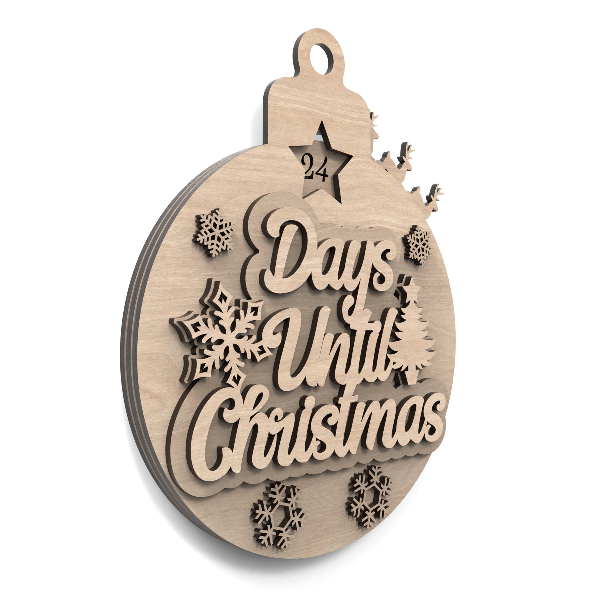 Days Until Christmas Countdown Calendar Bauble made from our laser cutting files and available for digital download. Features Santa's sleigh and reindeer revolving around the bauble's edge, counting down each day until Christmas.