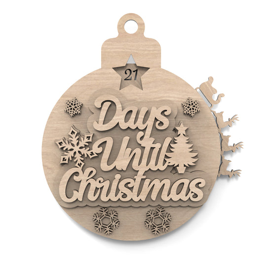 Days Until Christmas Countdown Calendar Bauble made from our laser cutting files and available for digital download. Features Santa's sleigh and reindeer revolving around the bauble's edge, counting down each day until Christmas.