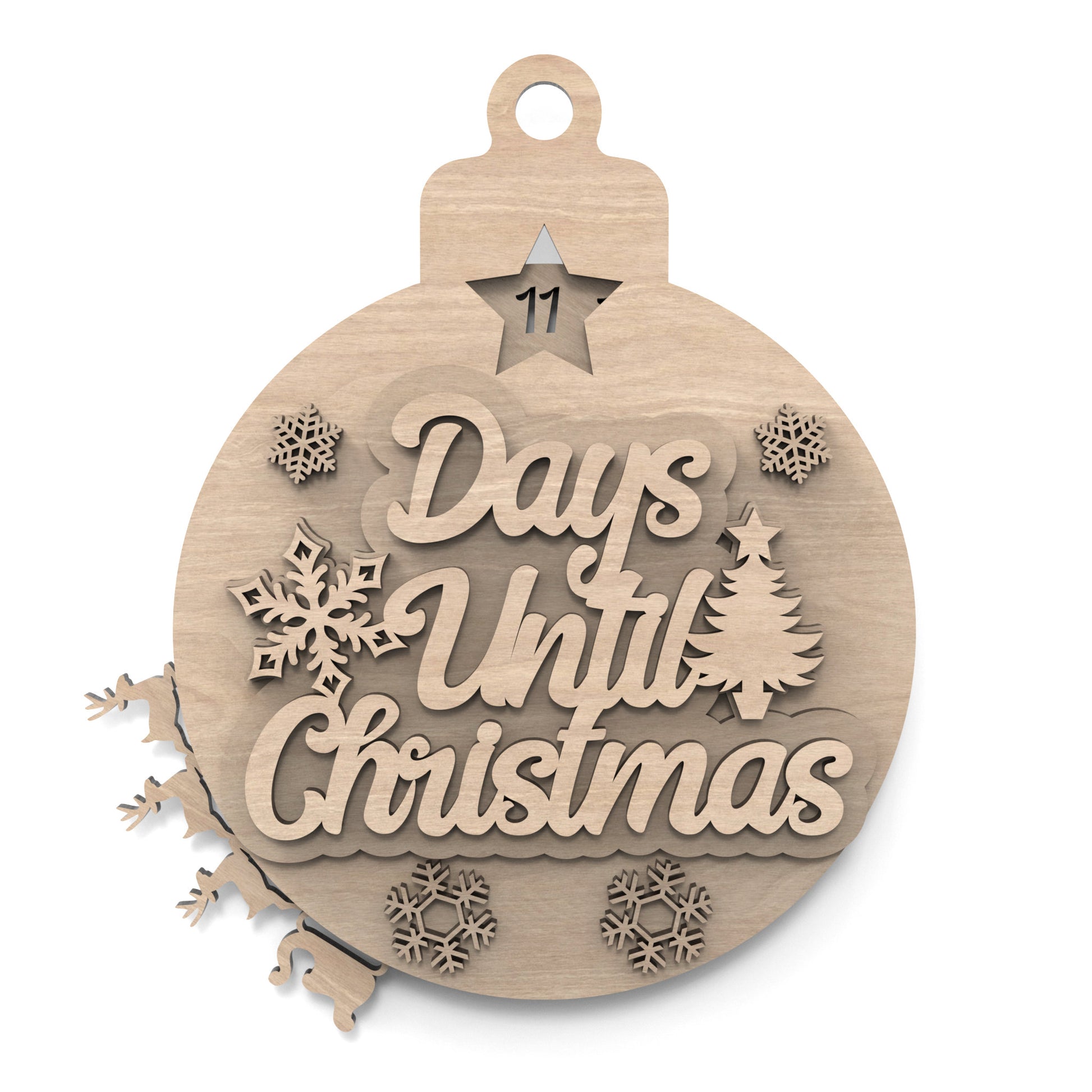 Days Until Christmas Countdown Calendar Bauble made from our laser cutting files and available for digital download. Features Santa's sleigh and reindeer revolving around the bauble's edge, counting down each day until Christmas.