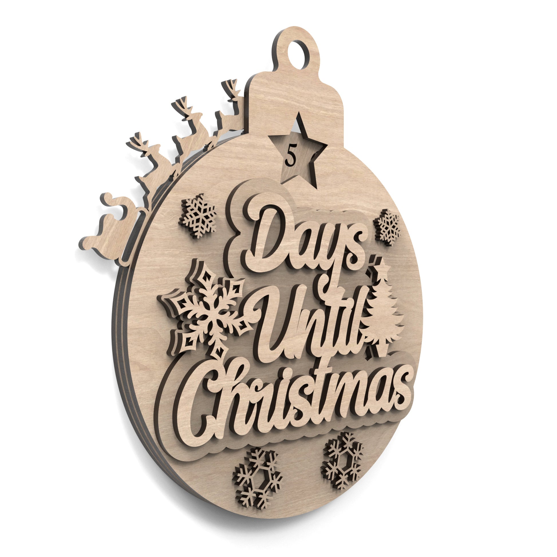 Days Until Christmas Countdown Calendar Bauble made from our laser cutting files and available for digital download. Features Santa's sleigh and reindeer revolving around the bauble's edge, counting down each day until Christmas.