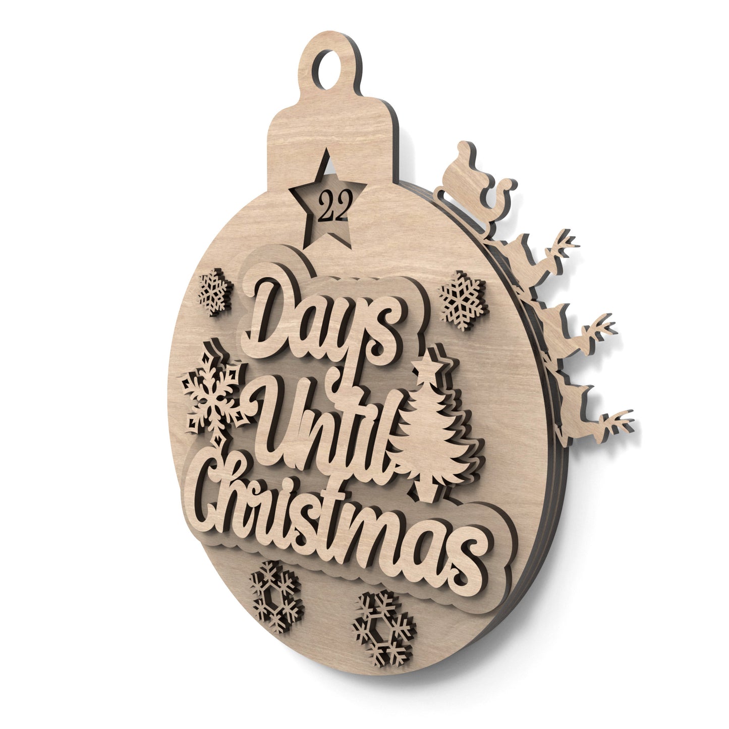 Days Until Christmas Countdown Calendar Bauble made from our laser cutting files and available for digital download. Features Santa's sleigh and reindeer revolving around the bauble's edge, counting down each day until Christmas.