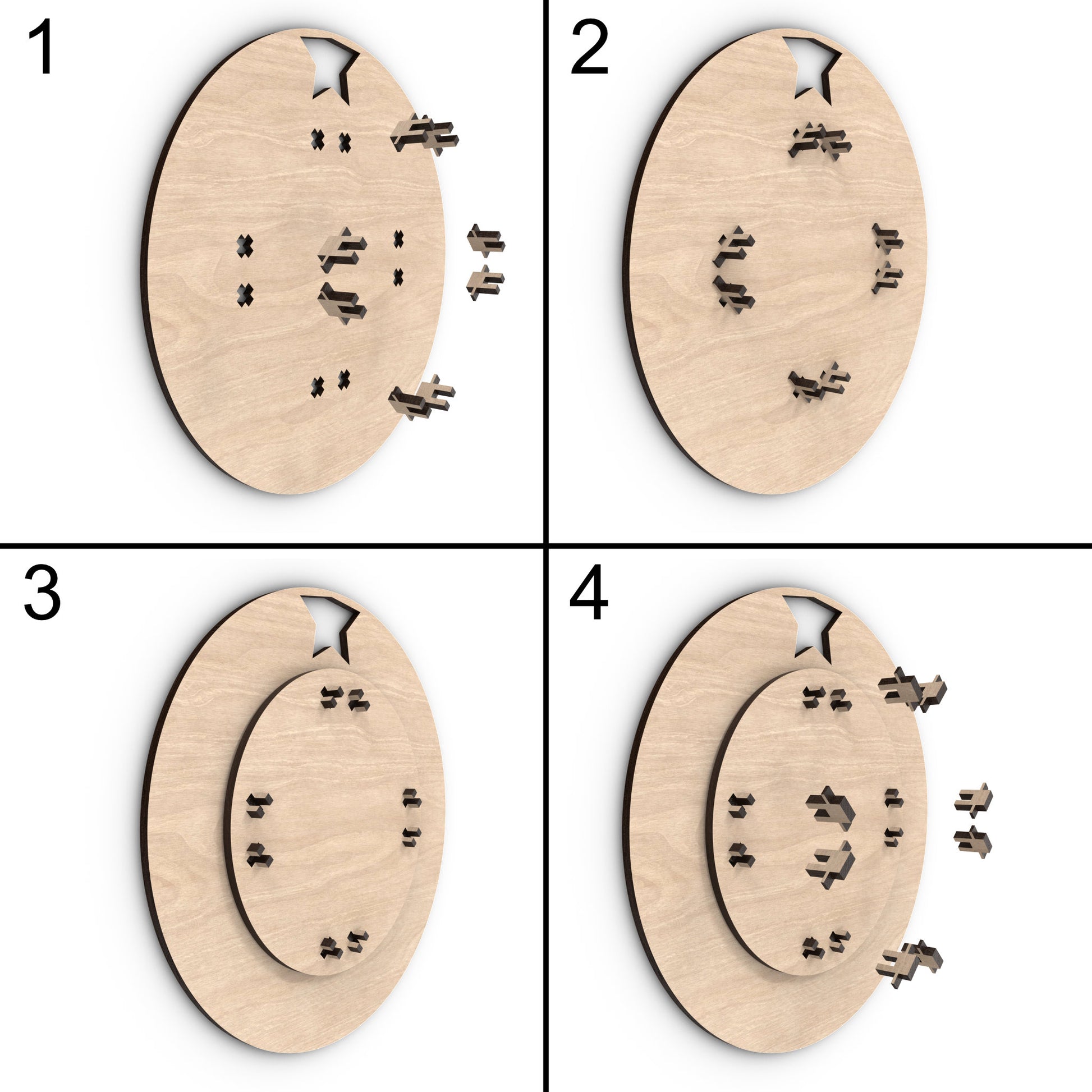 Assembly images of our Days Until Christmas Countdown Calendar Bauble made from our laser cutting files and available for digital download. Features Santa's sleigh and reindeer revolving around the bauble's edge, counting down each day until Christmas.