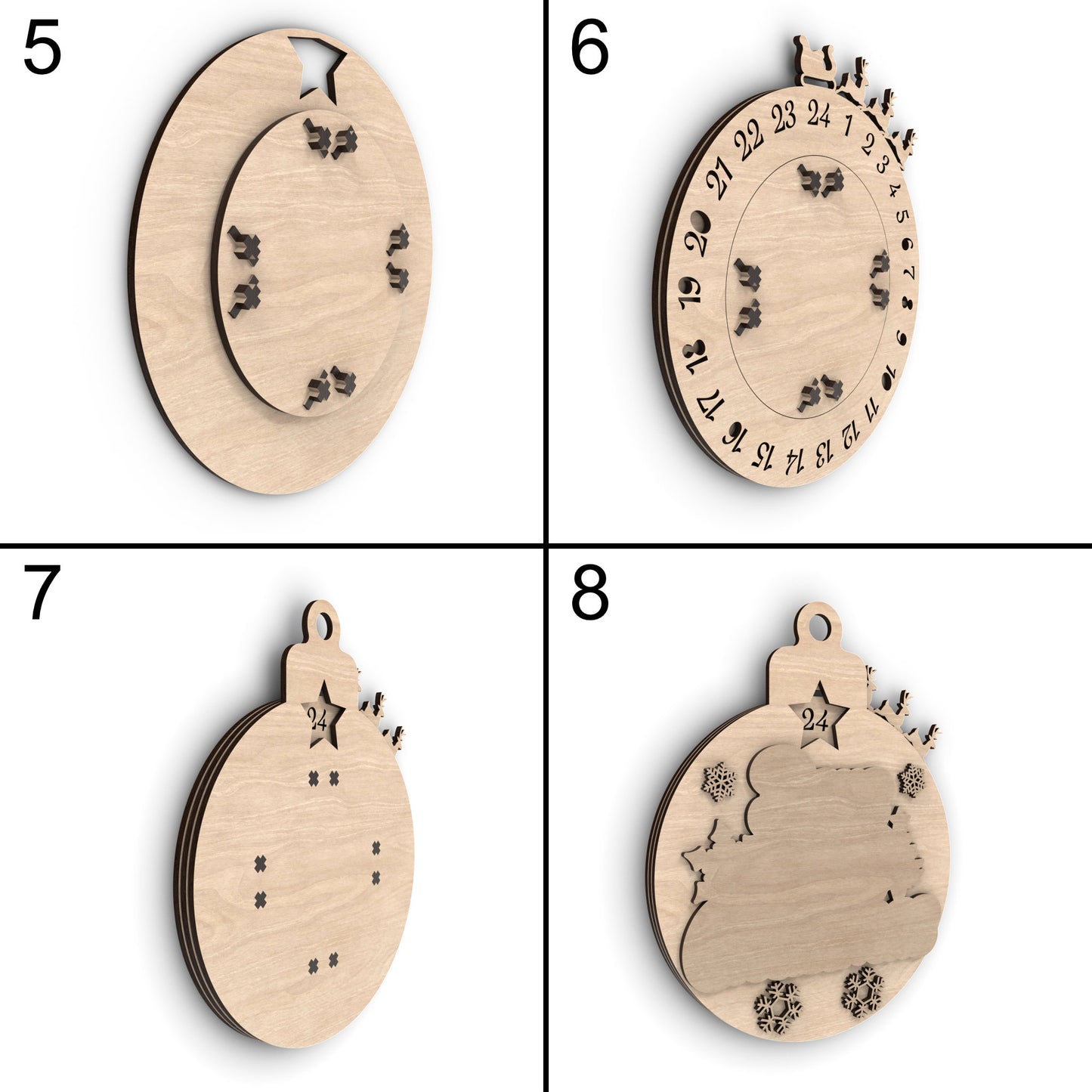 Assembly images of our Days Until Christmas Countdown Calendar Bauble made from our laser cutting files and available for digital download. Features Santa's sleigh and reindeer revolving around the bauble's edge, counting down each day until Christmas.