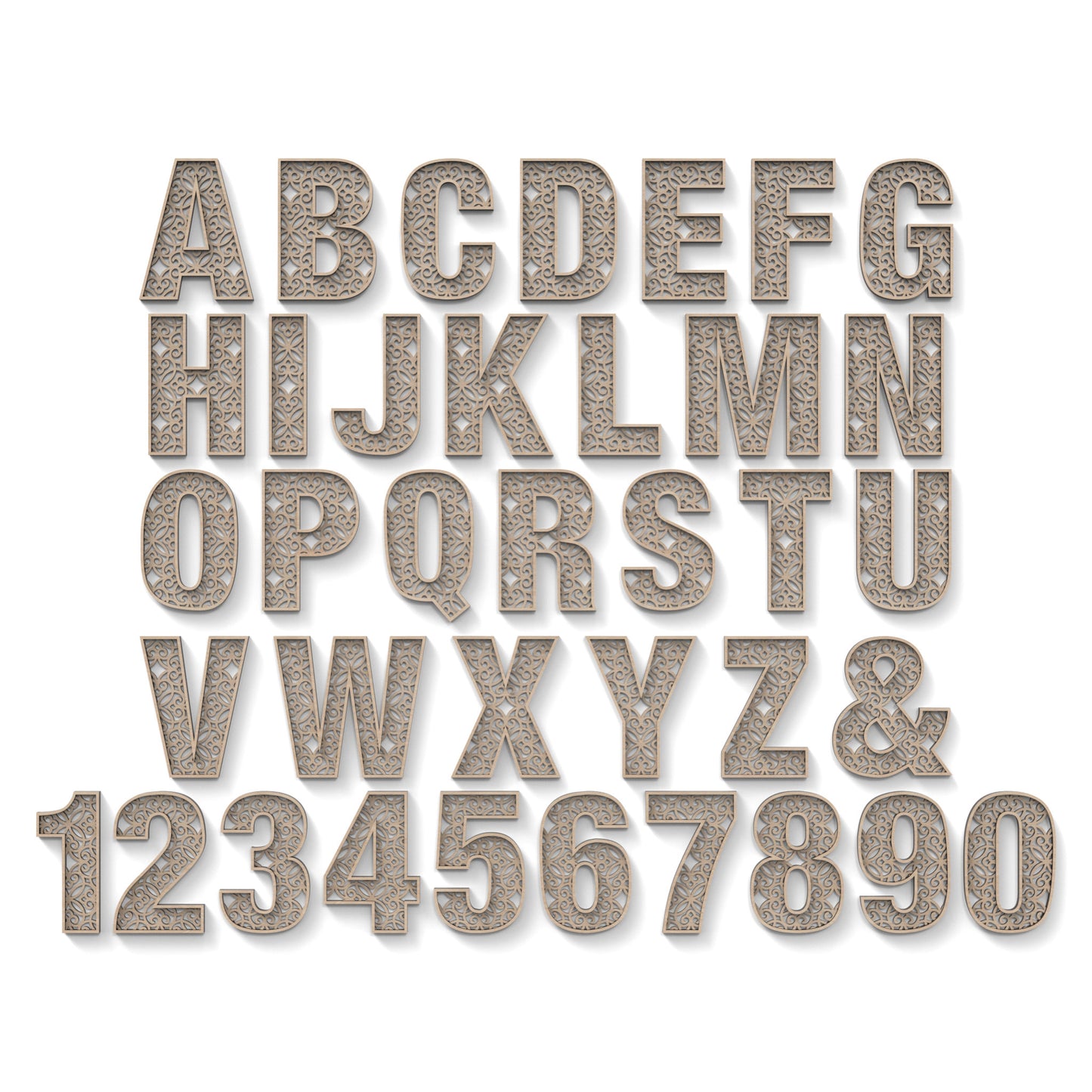 The Full Alphabet A - Z and numbers 0 - 9 of Decorative Letters and Numbers made from our laser cutting files and available for digital download. Each letter or number has a decorative pattern cut out of its centre and has a second edge trim layer to give depth.