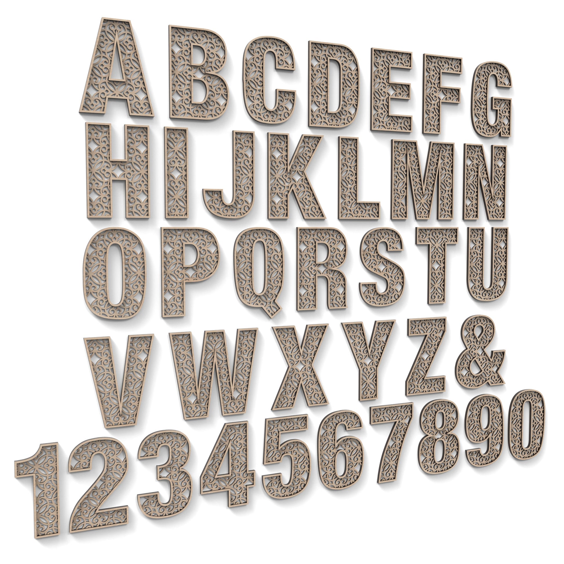 The Full Alphabet A - Z and numbers 0 - 9 of Decorative Letters and Numbers made from our laser cutting files and available for digital download. Each letter or number has a decorative pattern cut out of its centre and has a second edge trim layer to give depth.