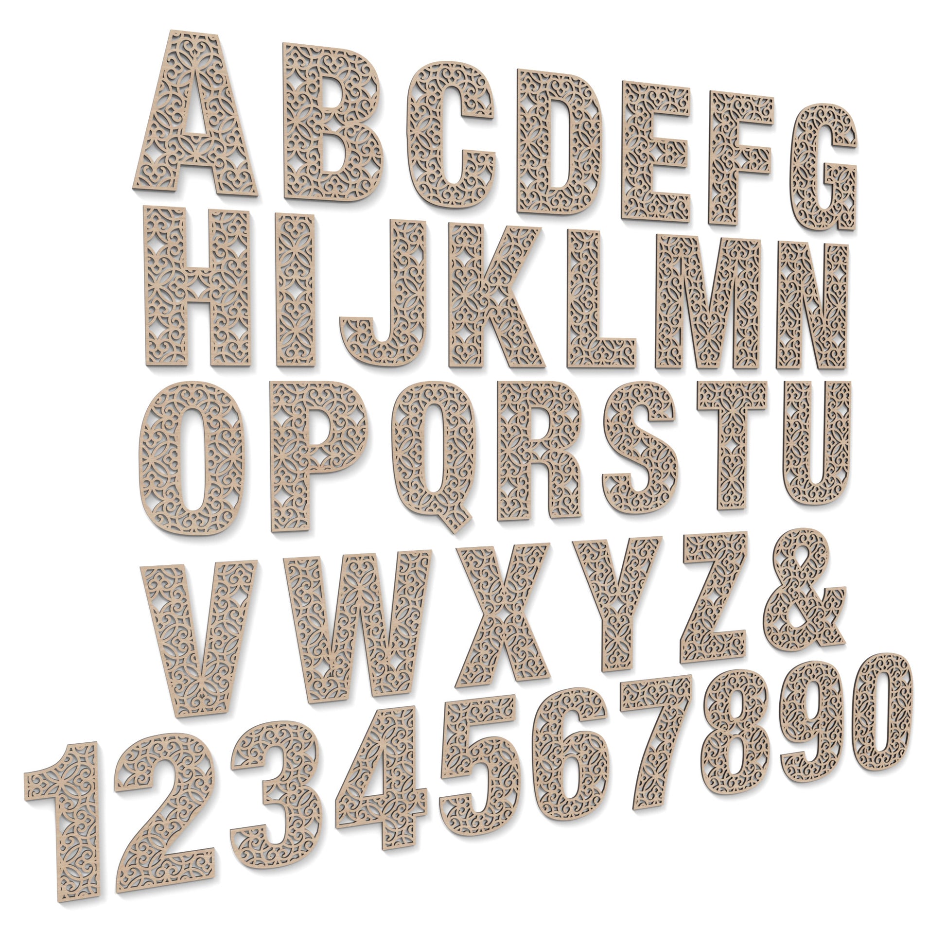 The Full Alphabet A - Z and numbers 0 - 9 of Decorative Letters and Numbers made from our laser cutting files and available for digital download. Each letter or number has a decorative pattern cut out of its centre and has a second edge trim layer to give depth.