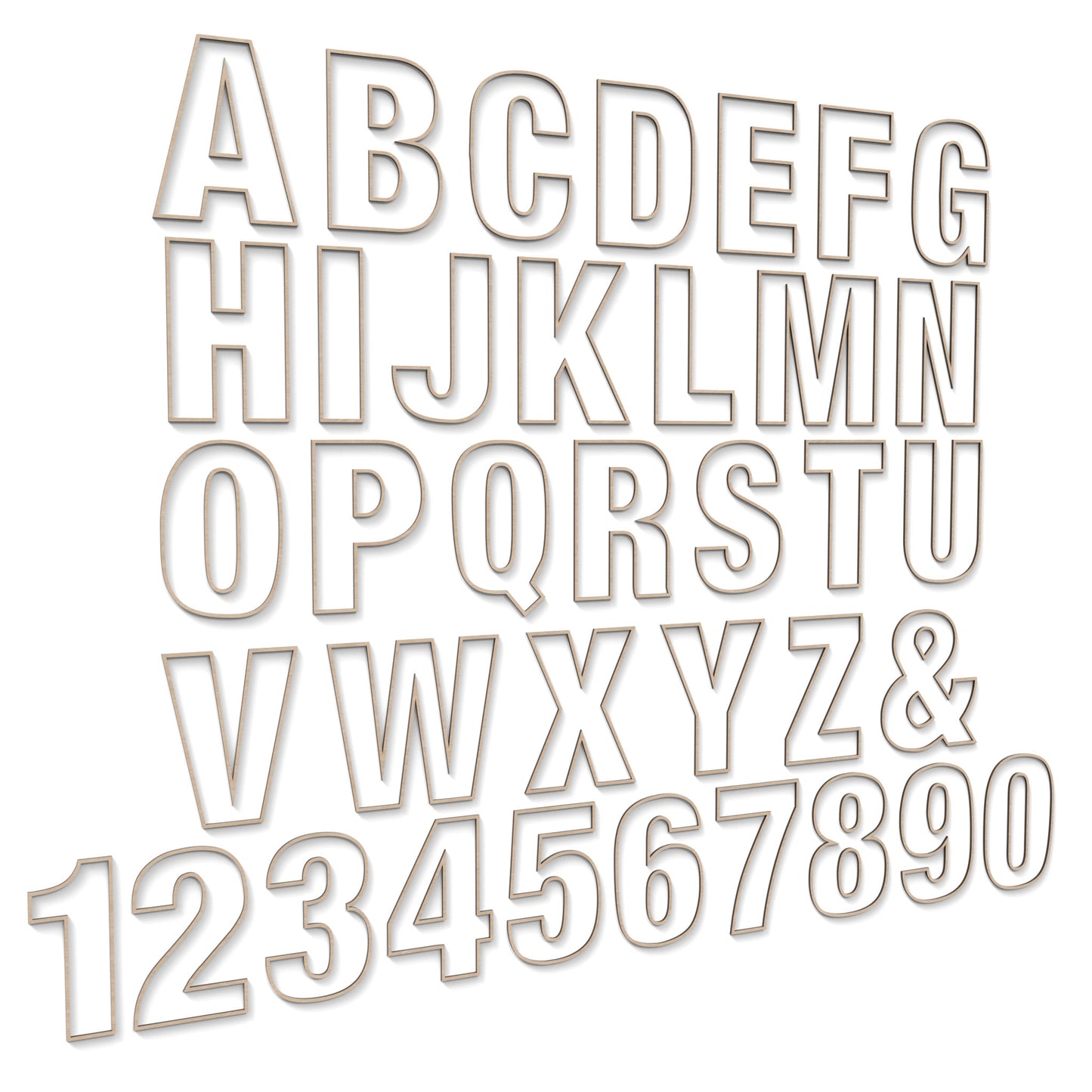 The Full Alphabet A - Z and numbers 0 - 9 of Decorative Letters and Numbers made from our laser cutting files and available for digital download. Each letter or number has a decorative pattern cut out of its centre and has a second edge trim layer to give depth.