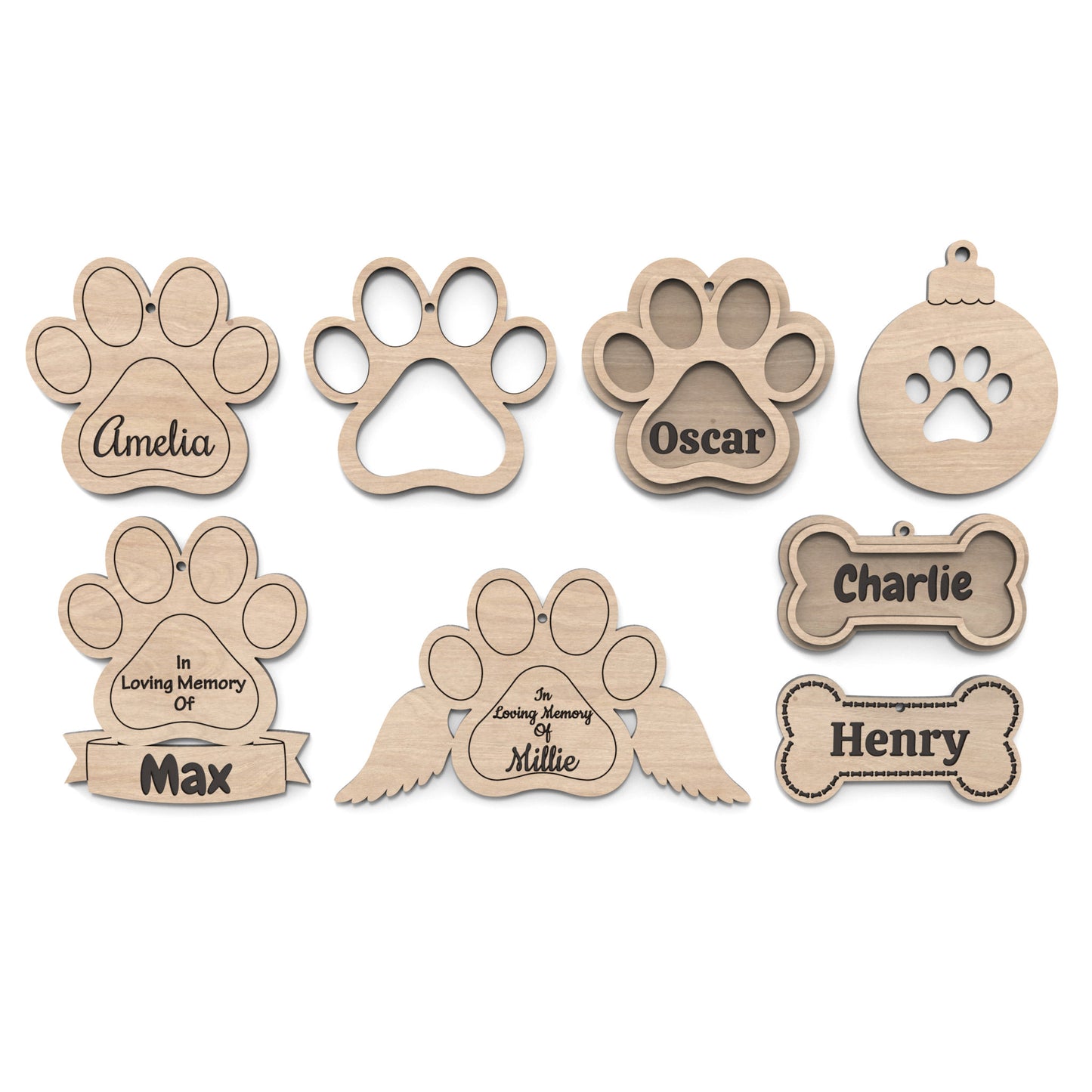 Set of 8 Dog Paw and Dog Bone Christmas ornaments made from our laser cutting files and available for digital download. All have space for personalization and perfect for commemorating a beloved pet, celebrating your furry family member, or adding a heartfelt touch to your Christmas tree.