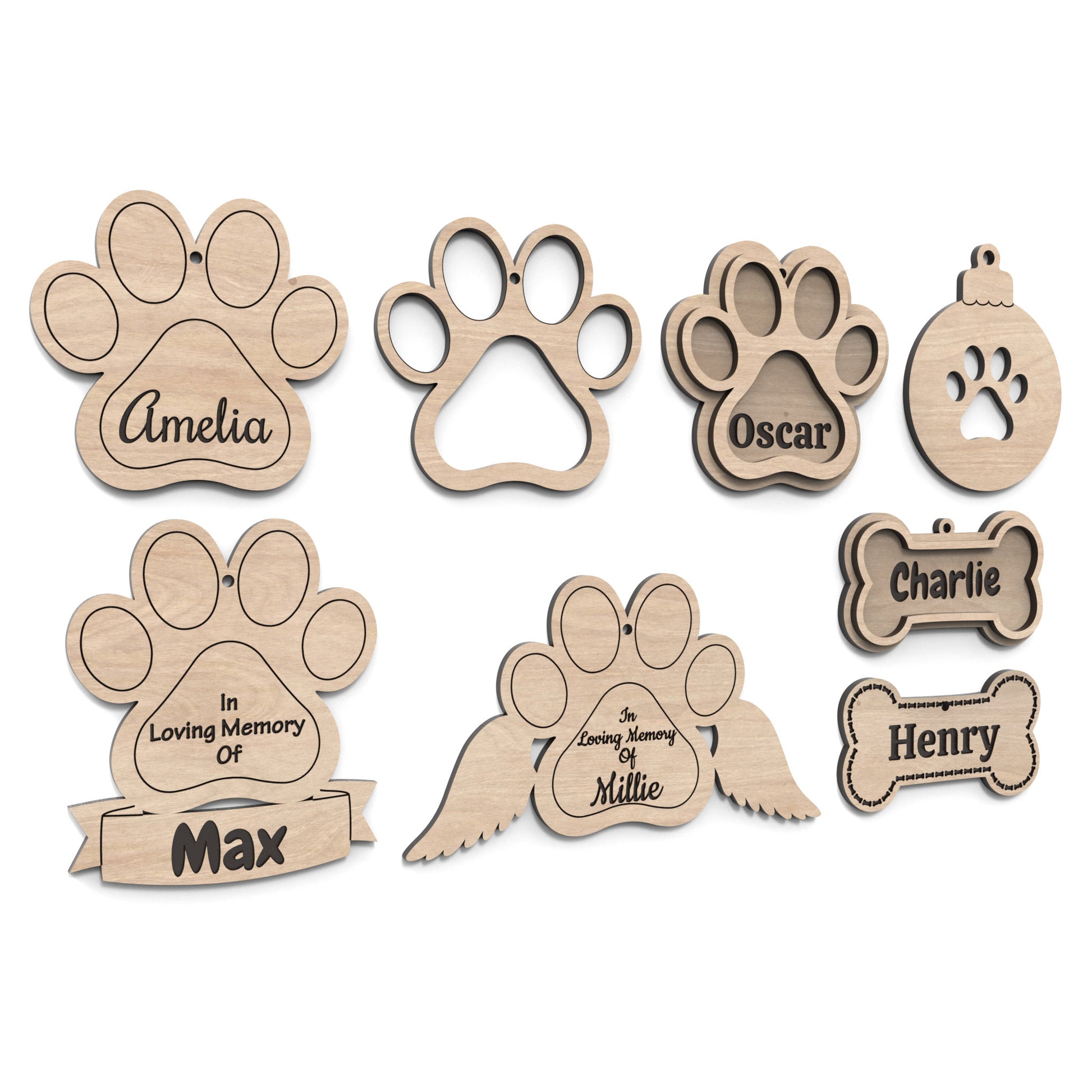 Set of 8 Dog Paw and Dog Bone Christmas ornaments made from our laser cutting files and available for digital download. All have space for personalization and perfect for commemorating a beloved pet, celebrating your furry family member, or adding a heartfelt touch to your Christmas tree.