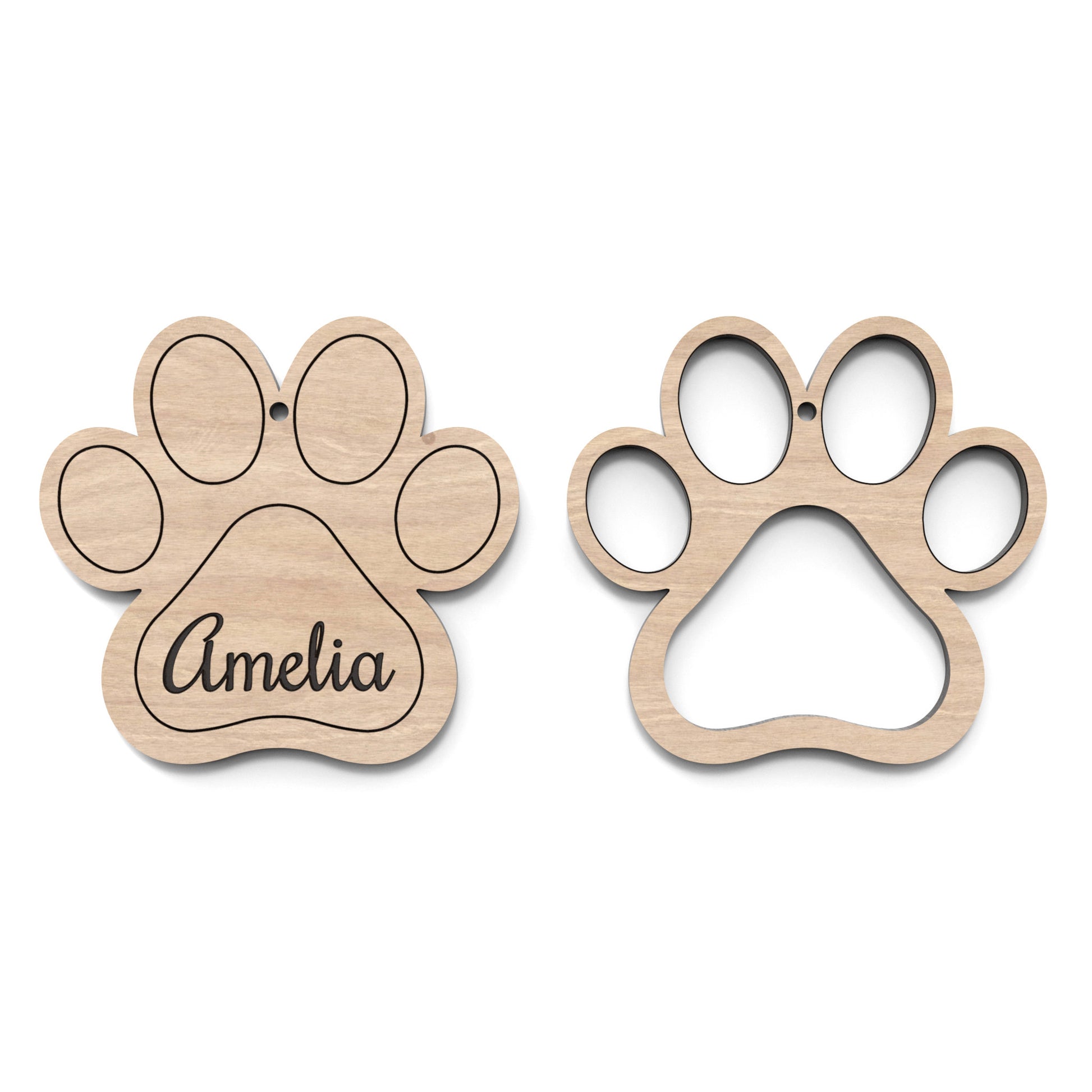 2 Dog Paw Christmas ornaments with space for personalization made from our laser cutting files and available for digital download.