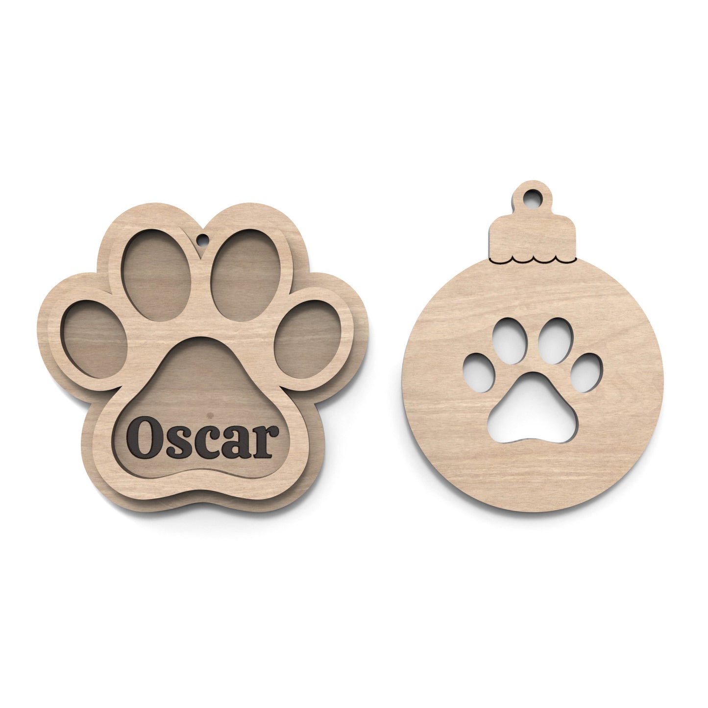 2 Dog Paw Christmas ornaments with space for personalization made from our laser cutting files and available for digital download.