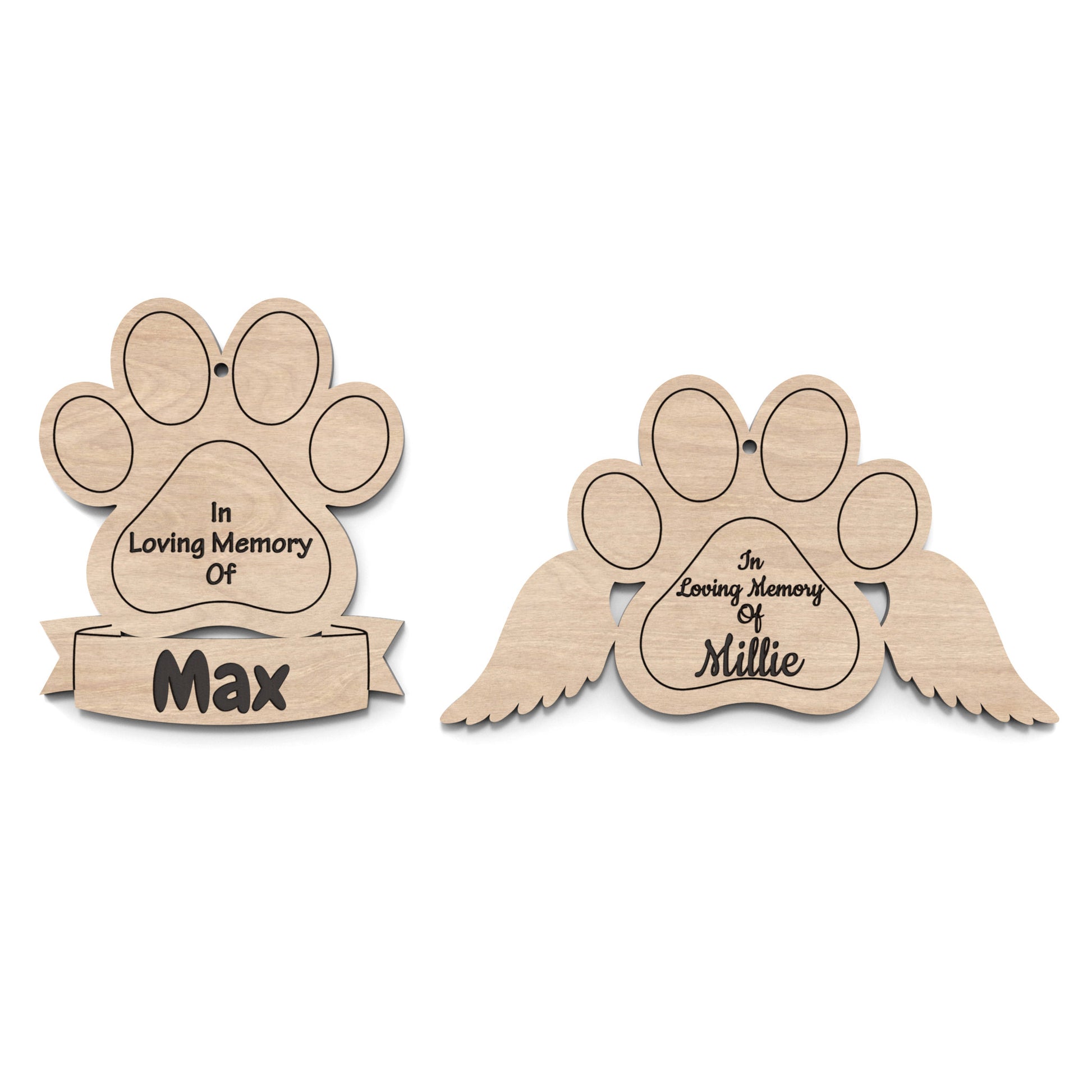 2 Dog Paw Christmas ornaments with space for personalization made from our laser cutting files and available for digital download.