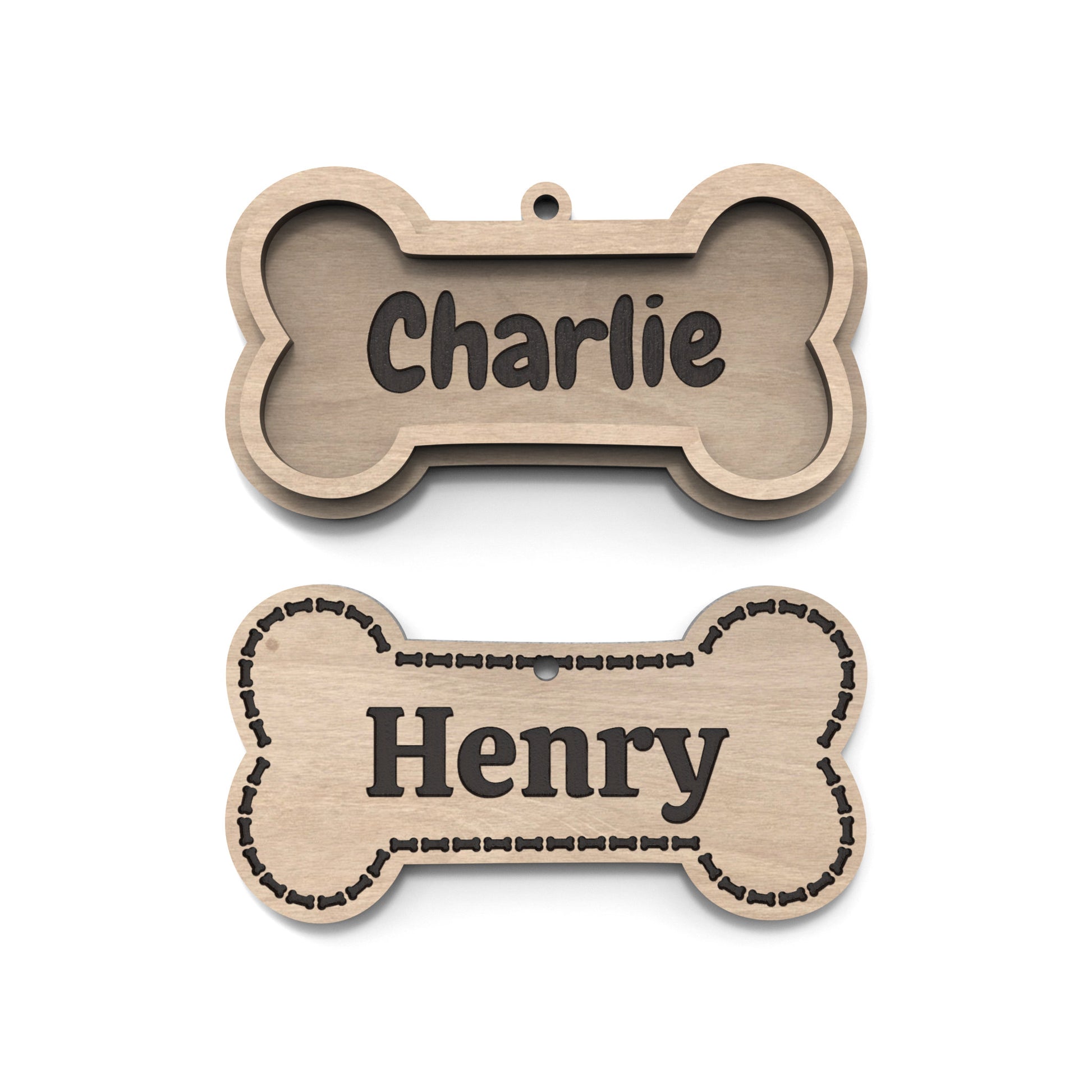 2 Dog Bone Christmas ornaments with space for personalization made from our laser cutting files and available for digital download.