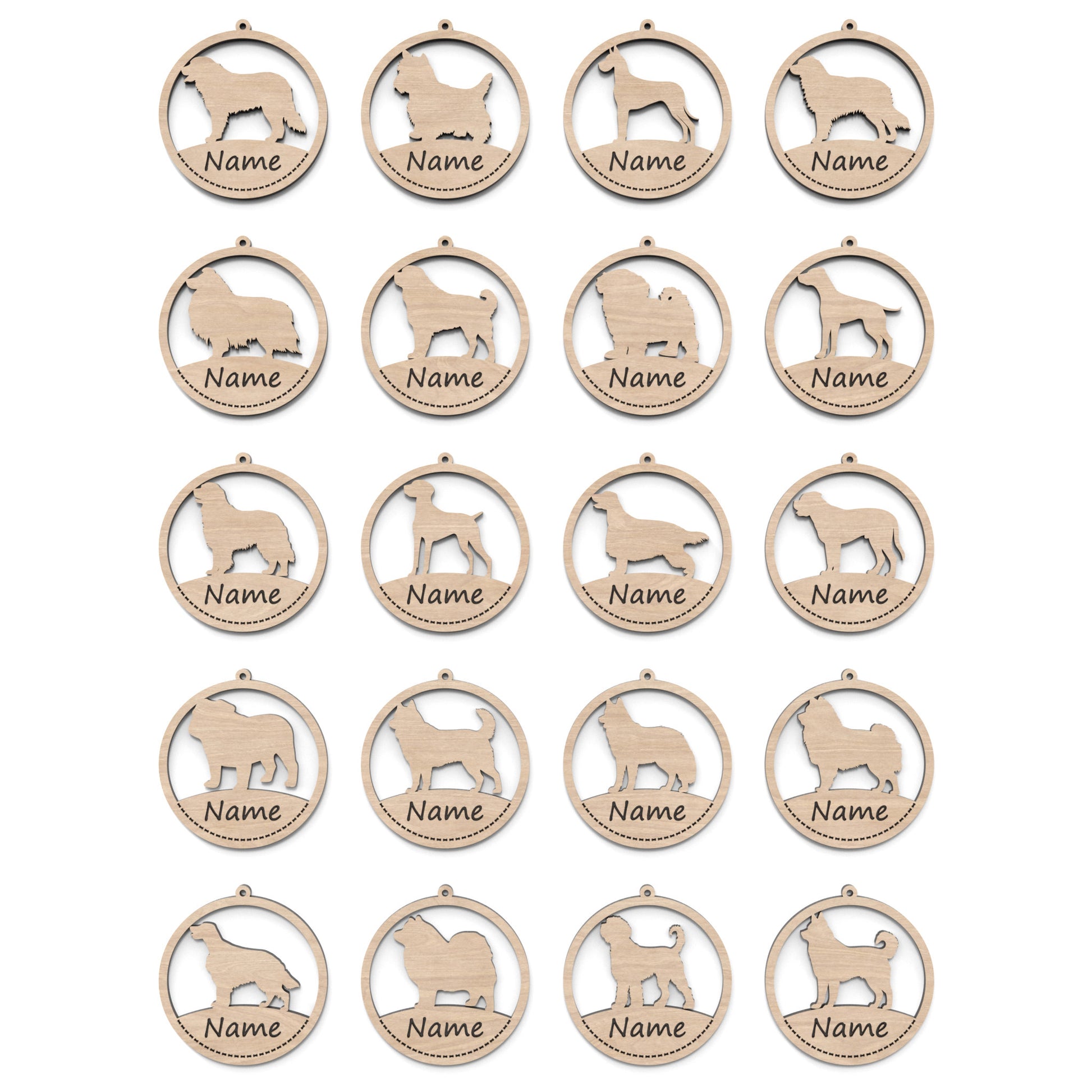 Set of 20 dog ornament baubles made from our laser cutting files and available for digital download. Each ornament features a circular bauble shape with a silhouette of your favourite dog breed in the centre and a space at the bottom for personalization.