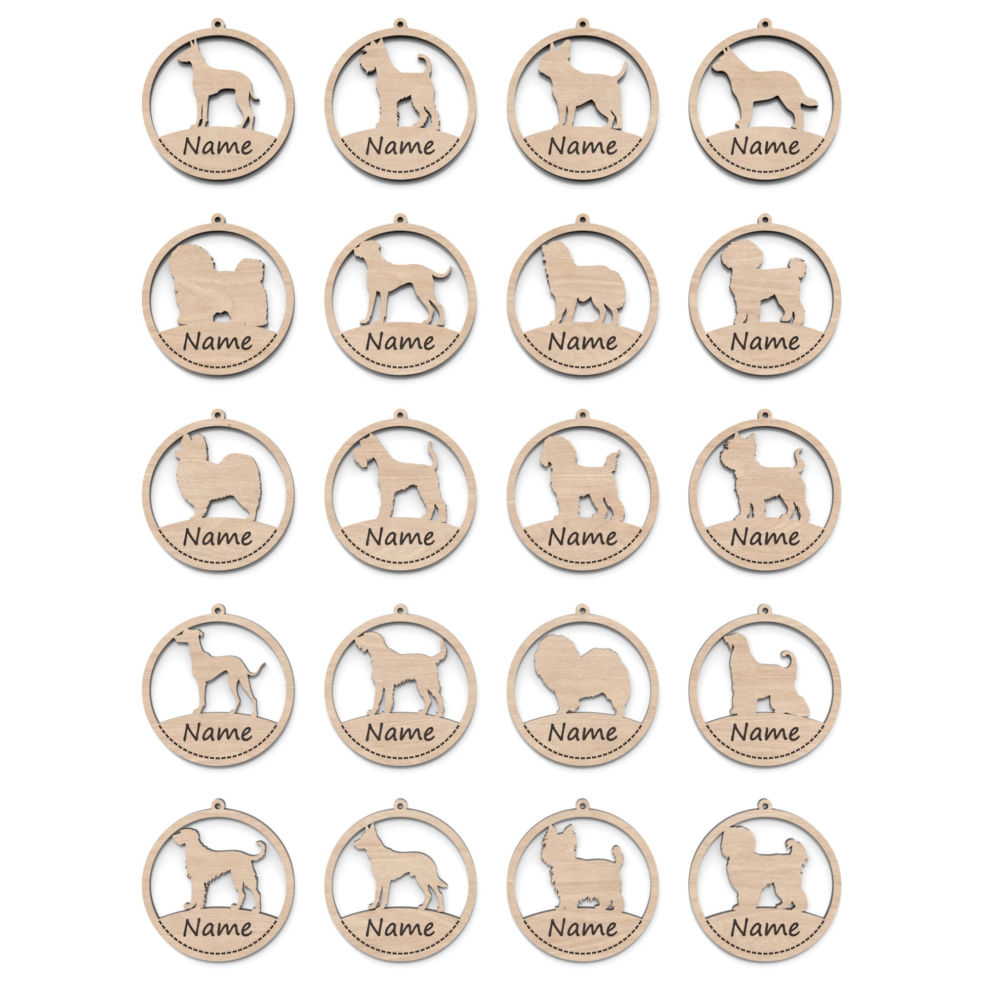 Set of 20 dog ornament baubles made from our laser cutting files and available for digital download. Each ornament features a circular bauble shape with a silhouette of your favourite dog breed in the centre and a space at the bottom for personalization.