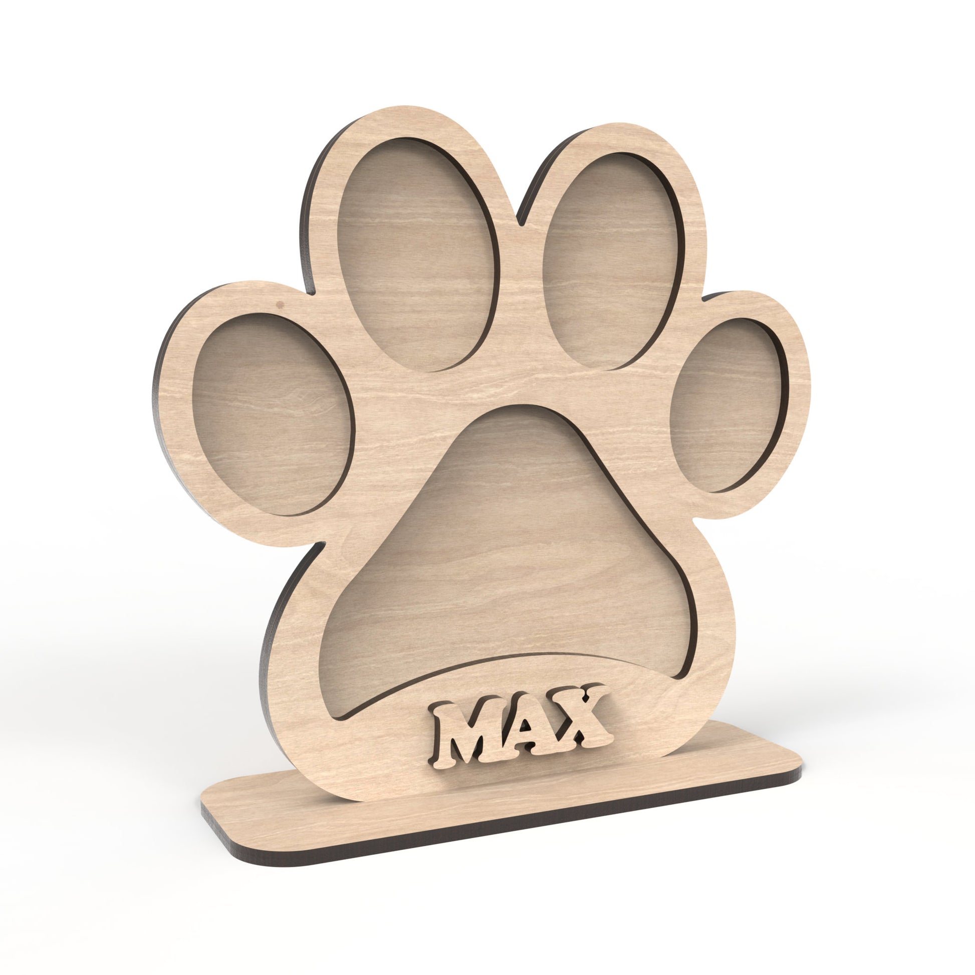 Dog Paw Picture Frame made from our laser cutting files and available for digital download. This 2-layer freestanding sign has spaces in each paw for pictures, with one larger space in the main paw pad for an additional picture.