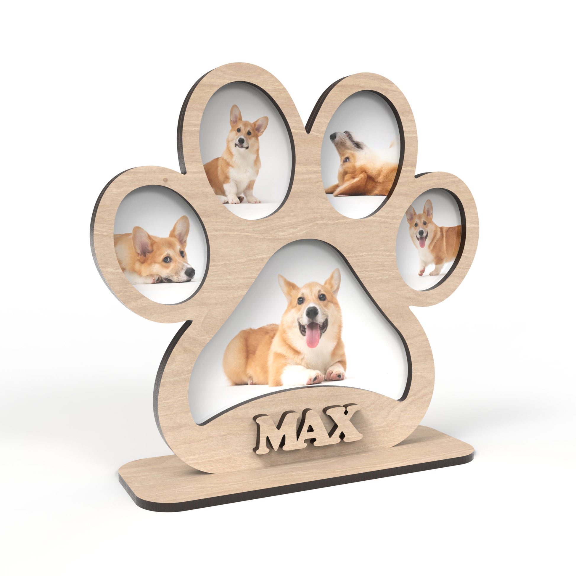 Dog Paw Picture Frame made from our laser cutting files and available for digital download. This 2-layer freestanding sign has spaces in each paw for pictures, with one larger space in the main paw pad for an additional picture.