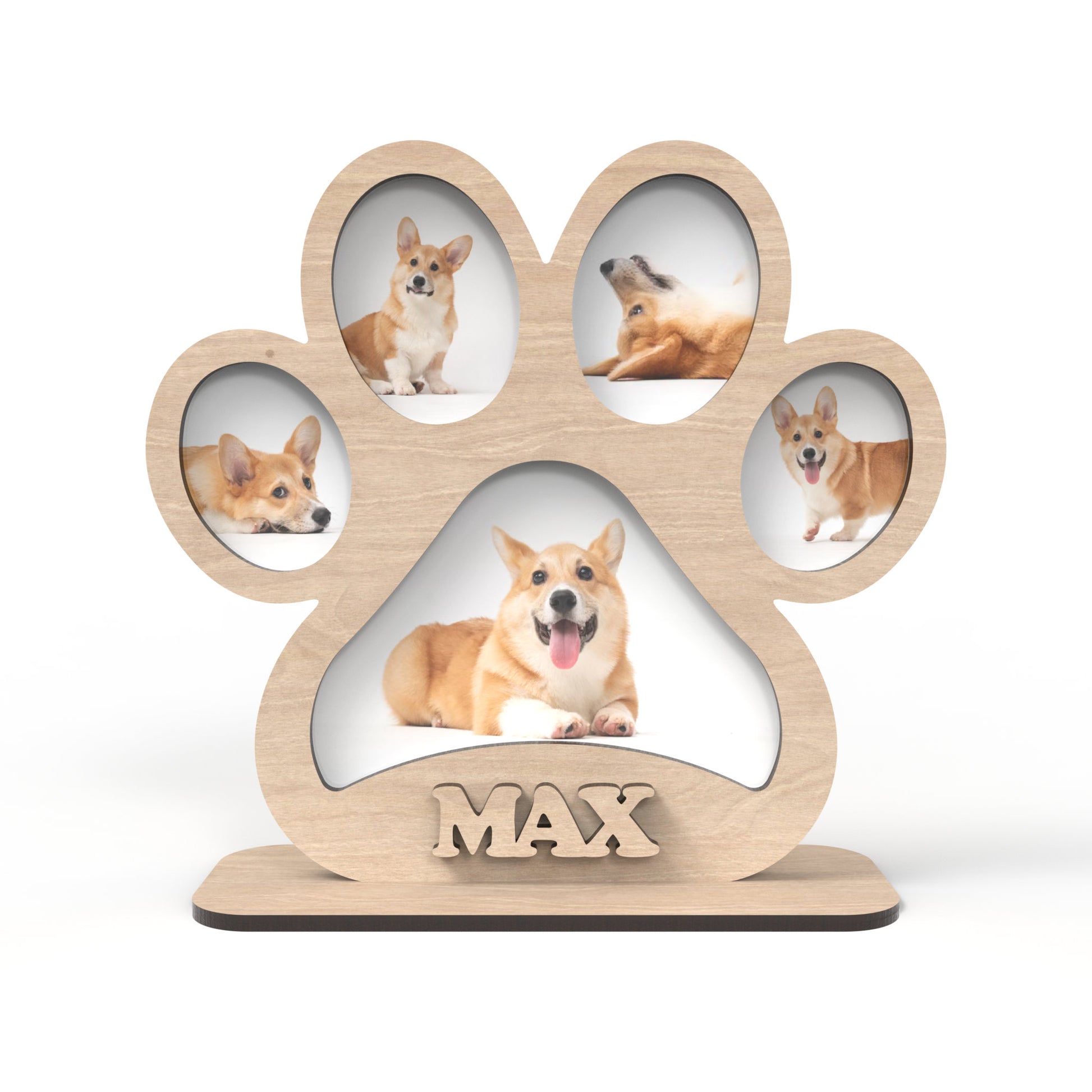 Dog Paw Picture Frame made from our laser cutting files and available for digital download. This 2-layer freestanding sign has spaces in each paw for pictures, with one larger space in the main paw pad for an additional picture.