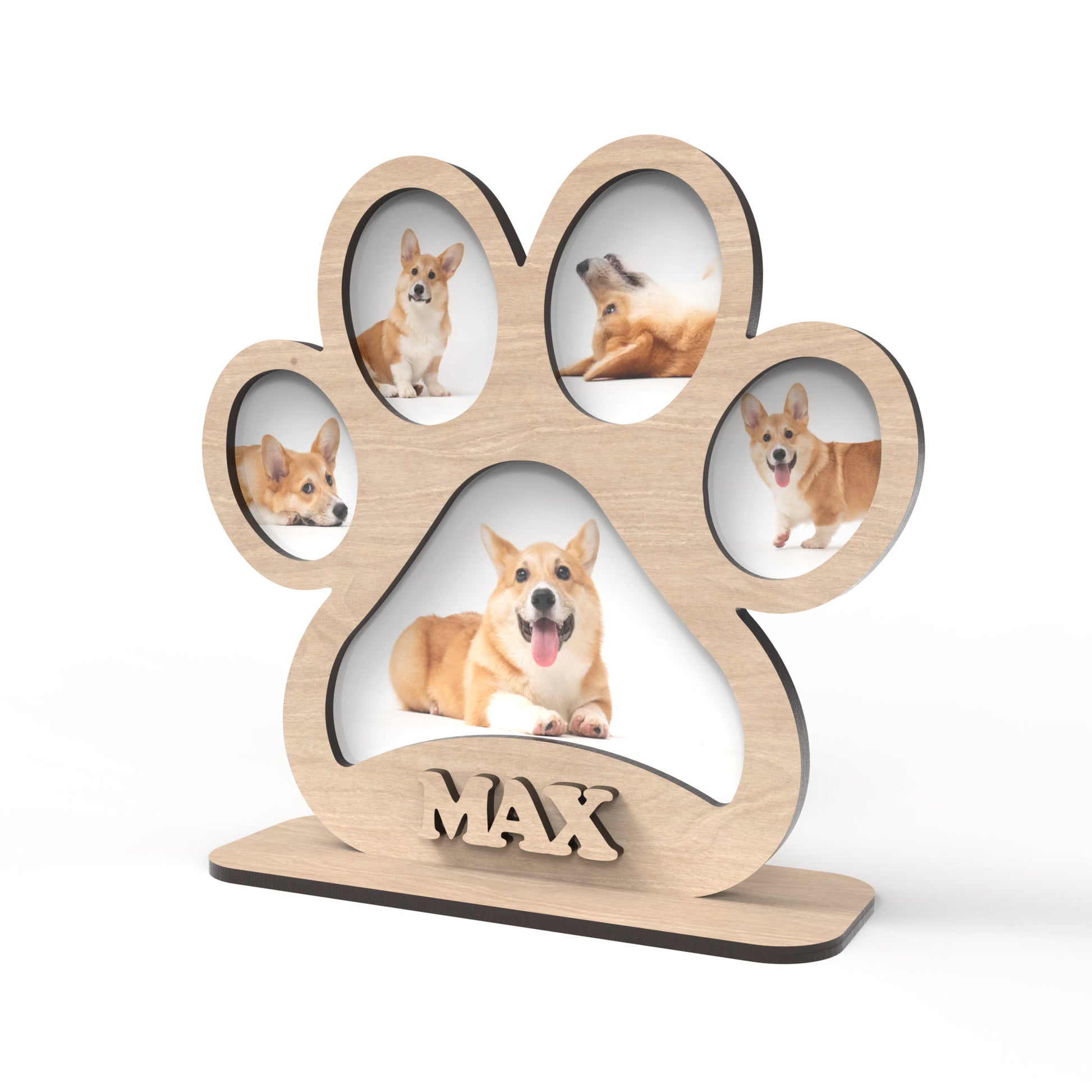 Dog Paw Picture Frame made from our laser cutting files and available for digital download. This 2-layer freestanding sign has spaces in each paw for pictures, with one larger space in the main paw pad for an additional picture.