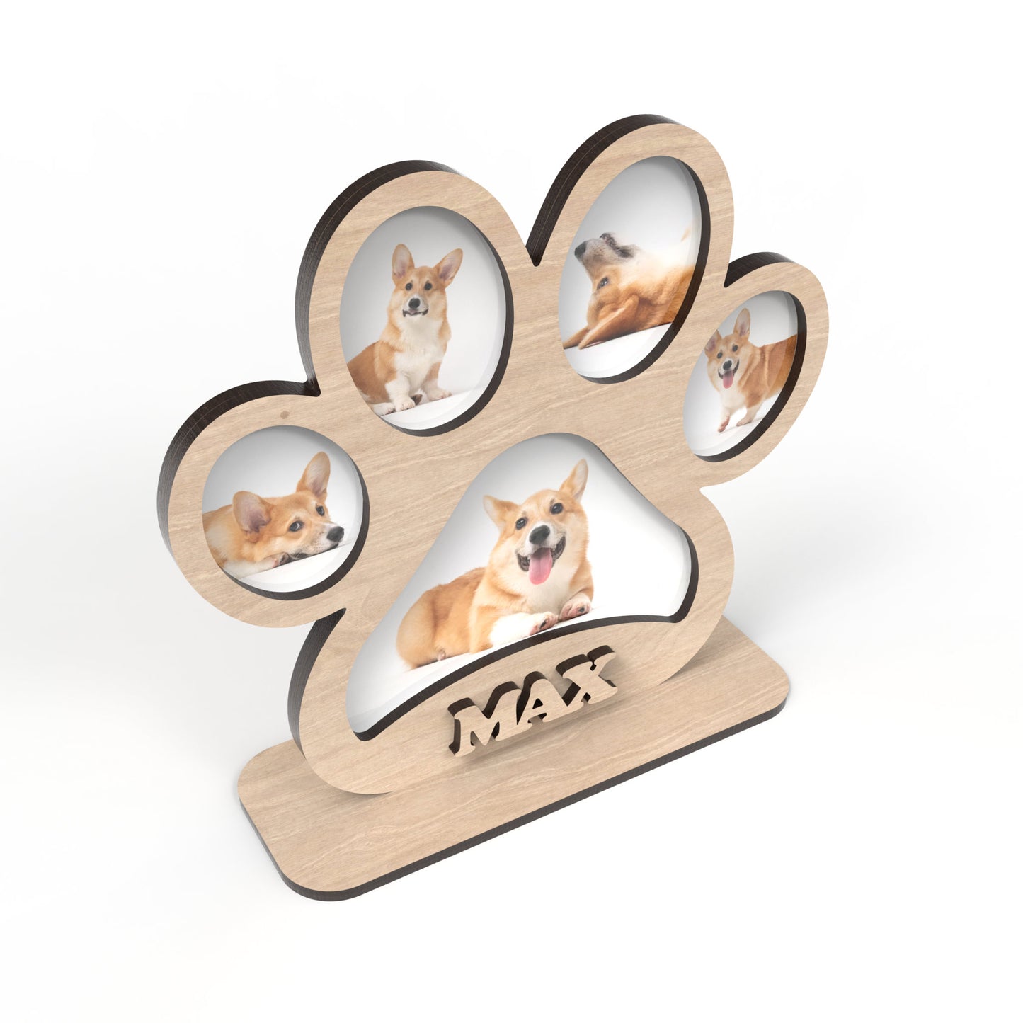 Dog Paw Picture Frame made from our laser cutting files and available for digital download. This 2-layer freestanding sign has spaces in each paw for pictures, with one larger space in the main paw pad for an additional picture.