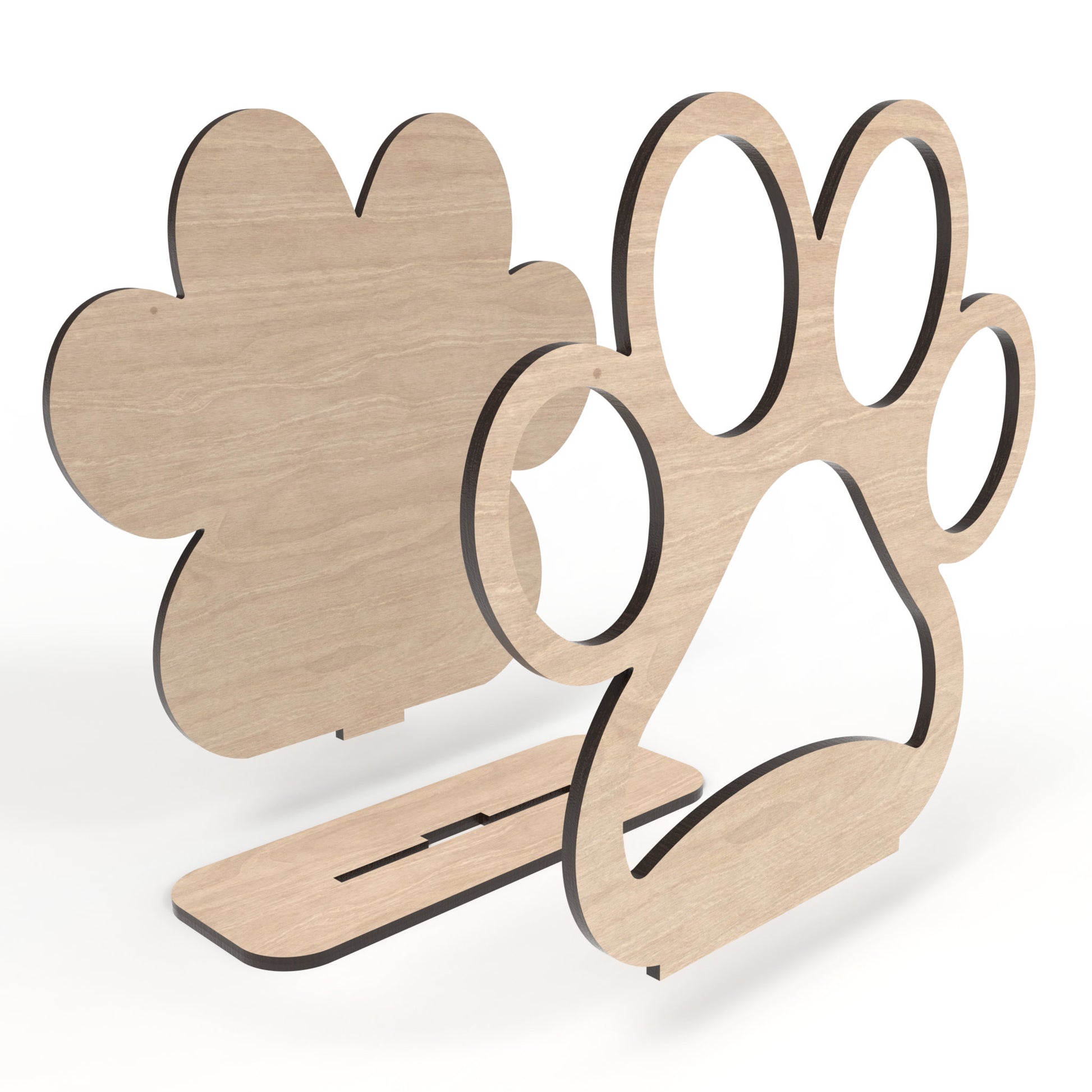 An exploded view of our Dog Paw Picture Frame made from our laser cutting files and available for digital download. This 2-layer freestanding sign has spaces in each paw for pictures, with one larger space in the main paw pad for an additional picture.