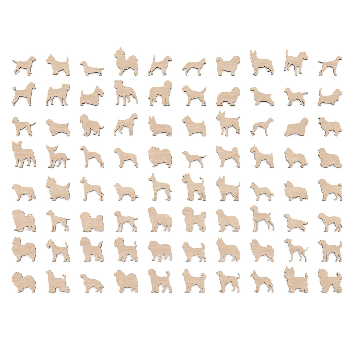 Set of 80 dog silhouette shapes made from our laser cutting files and available for digital download. This bundle includes 80 different dog breeds, Perfect for dog lovers and craft enthusiasts.