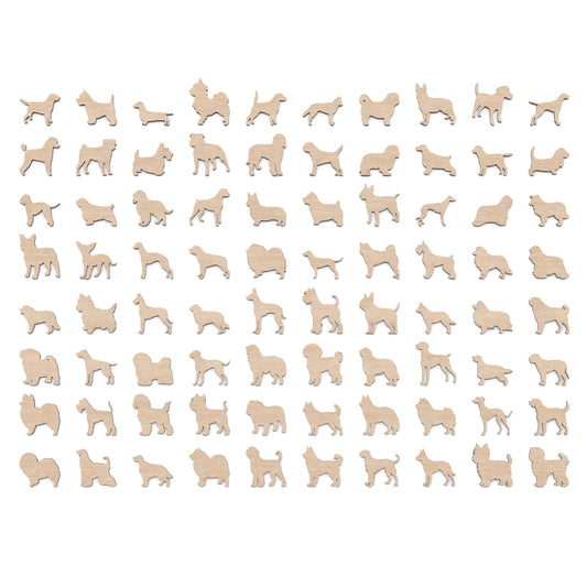 Set of 80 dog silhouette shapes made from our laser cutting files and available for digital download. This bundle includes 80 different dog breeds, Perfect for dog lovers and craft enthusiasts.