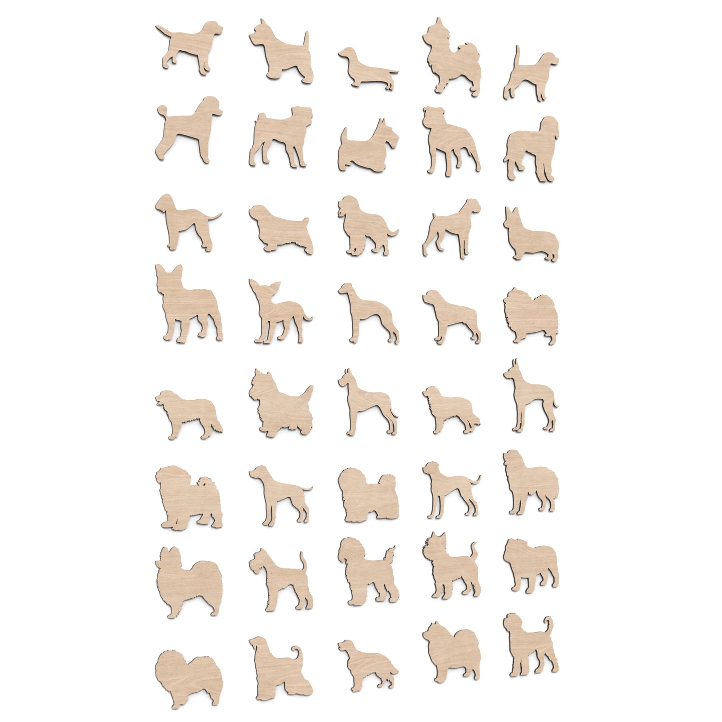 Set of 40 dog silhouette shapes made from our laser cutting files and available for digital download. This bundle includes 80 different dog breeds, Perfect for dog lovers and craft enthusiasts.