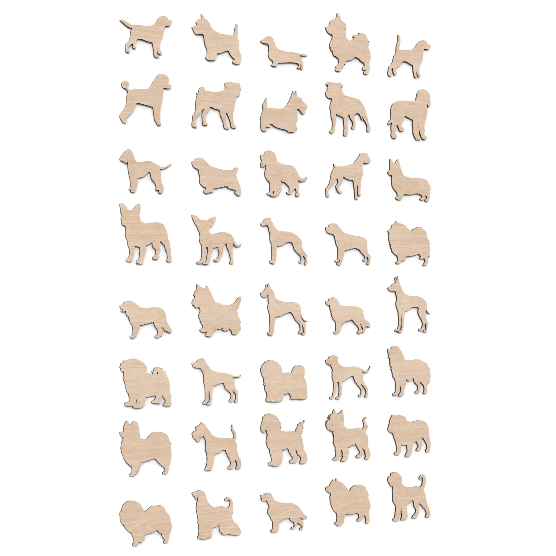 Set of 40 dog silhouette shapes made from our laser cutting files and available for digital download. This bundle includes 80 different dog breeds, Perfect for dog lovers and craft enthusiasts.