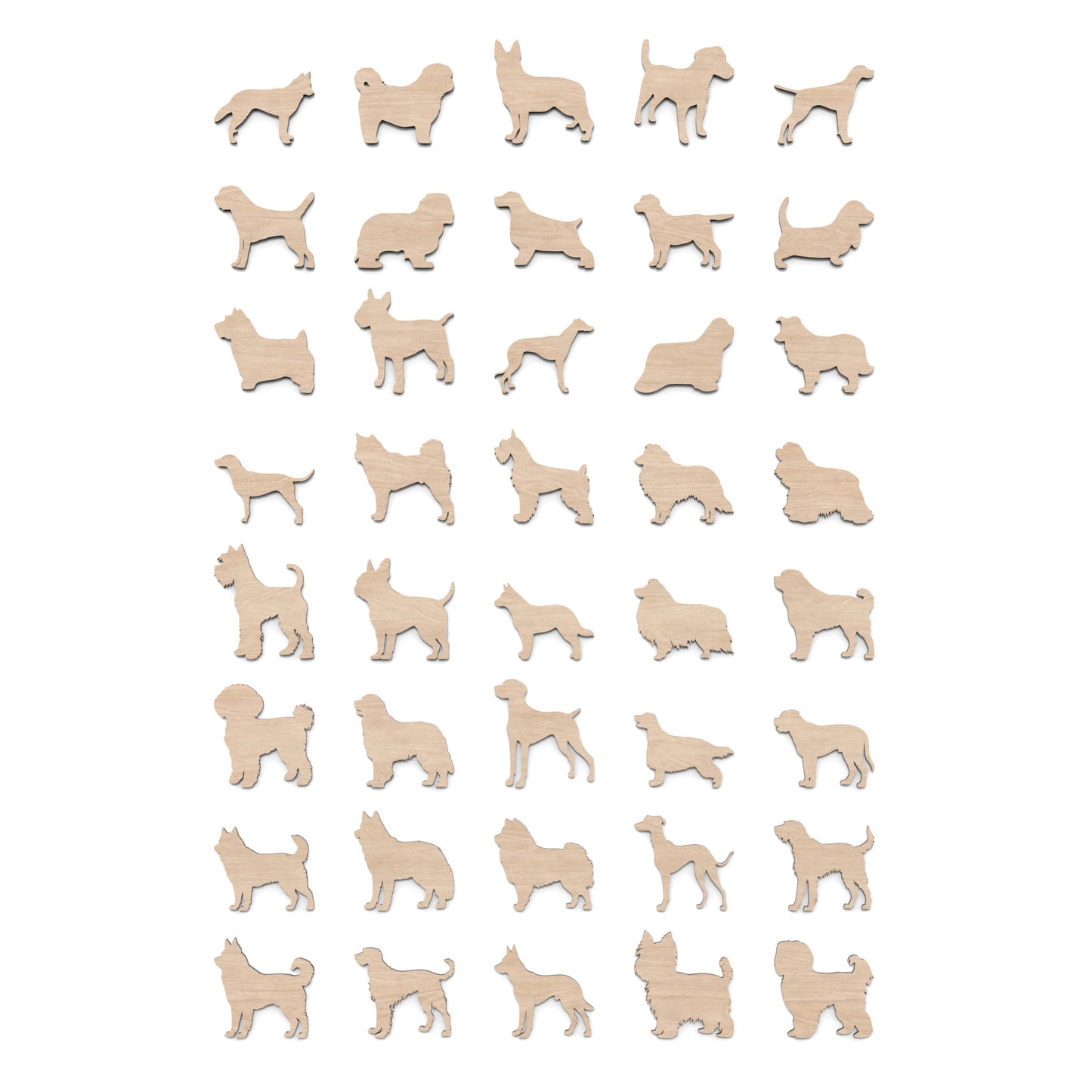 Set of 40 dog silhouette shapes made from our laser cutting files and available for digital download. This bundle includes 80 different dog breeds, Perfect for dog lovers and craft enthusiasts.