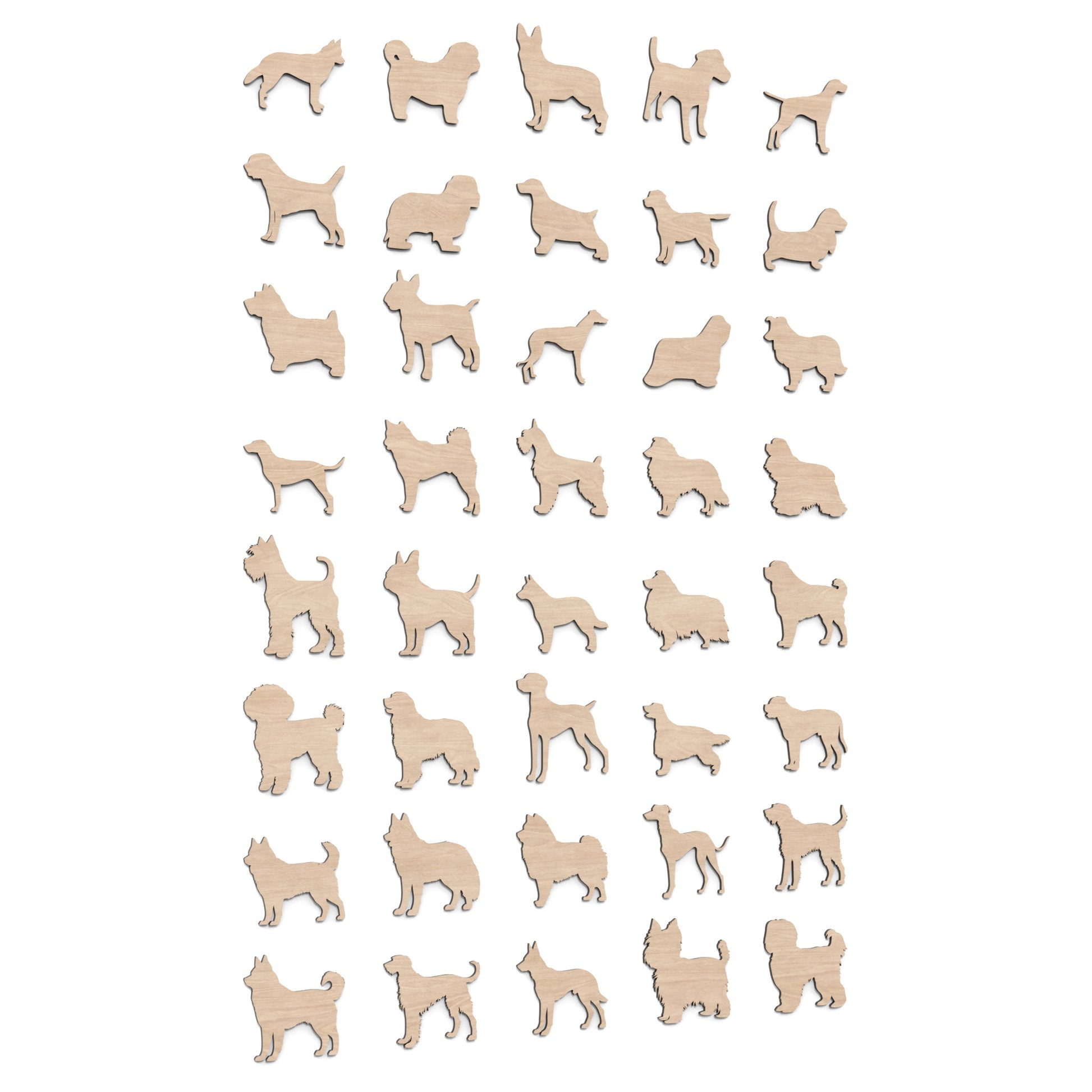Set of 40 dog silhouette shapes made from our laser cutting files and available for digital download. This bundle includes 80 different dog breeds, Perfect for dog lovers and craft enthusiasts.