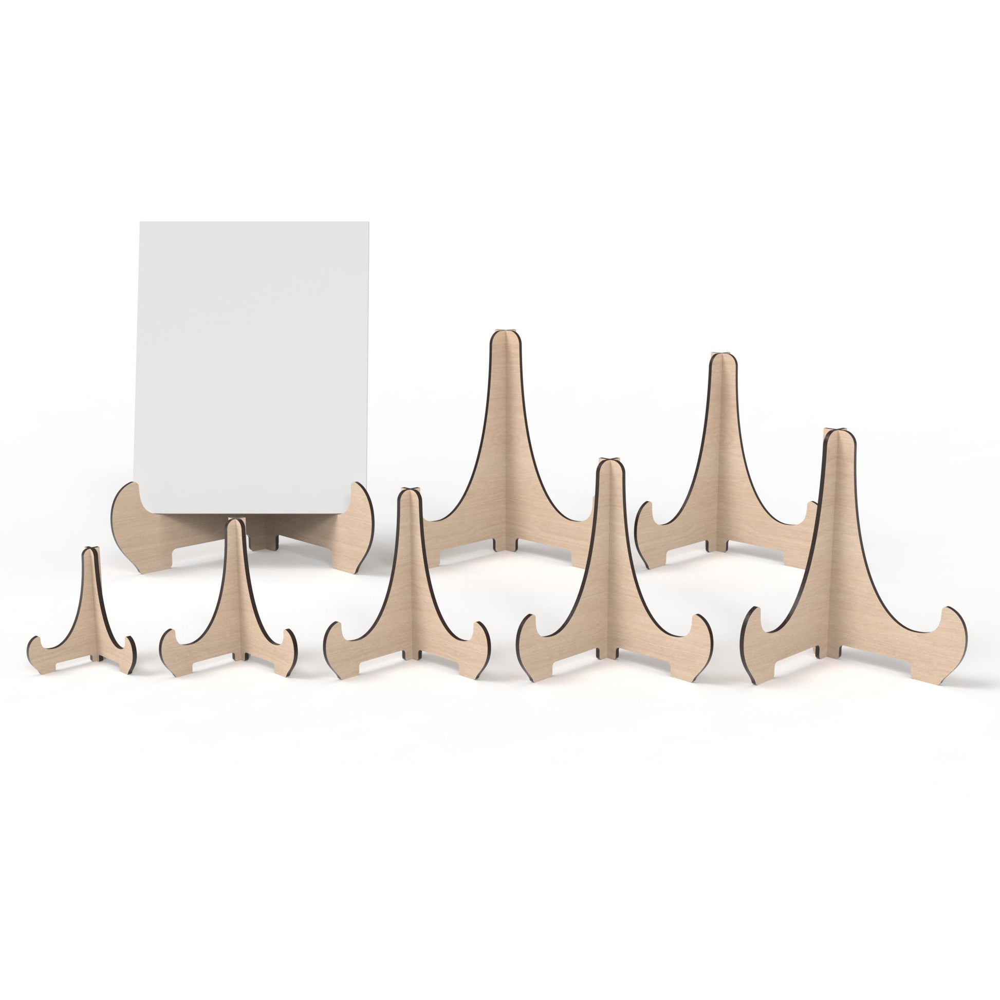 Set of 8 easel display stands made from our laser cutting files and available for digital download. Includes sizes ranging from small 10cm to large 30cm, ideal for showcasing signs, pictures, products, and more with both visual appeal and practicality.