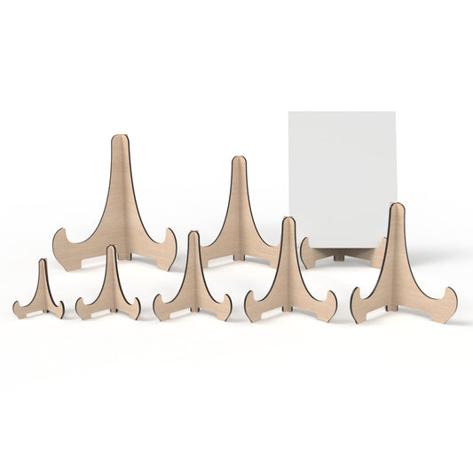 Set of 8 easel display stands made from our laser cutting files and available for digital download. Includes sizes ranging from small 10cm to large 30cm, ideal for showcasing signs, pictures, products, and more with both visual appeal and practicality.