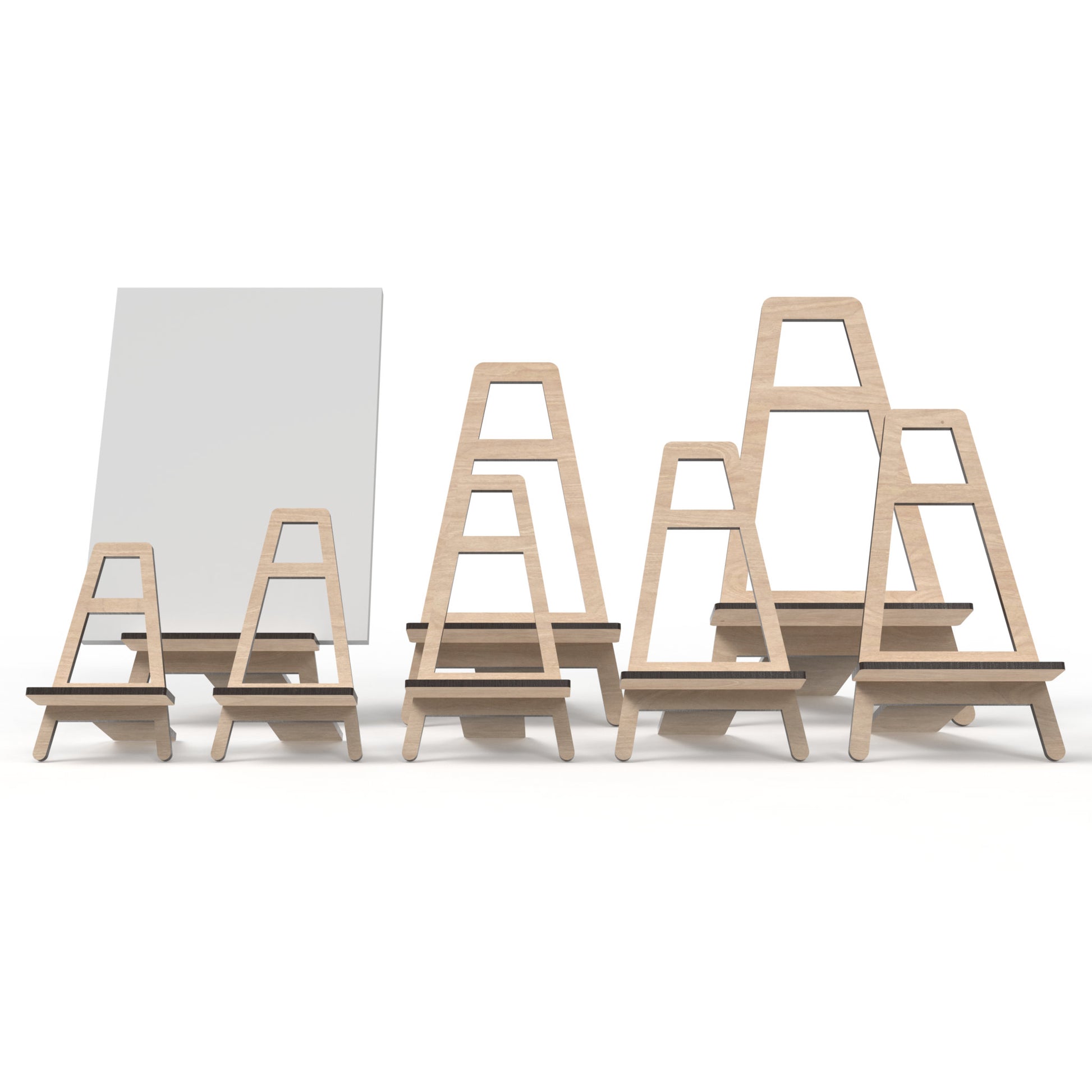 Set of 8 easel display stands made from our laser cutting files and available for digital download. Sizes range from small 12cm to large 30cm, perfect for showcasing signs, pictures, products, and more with visual appeal and practicality.