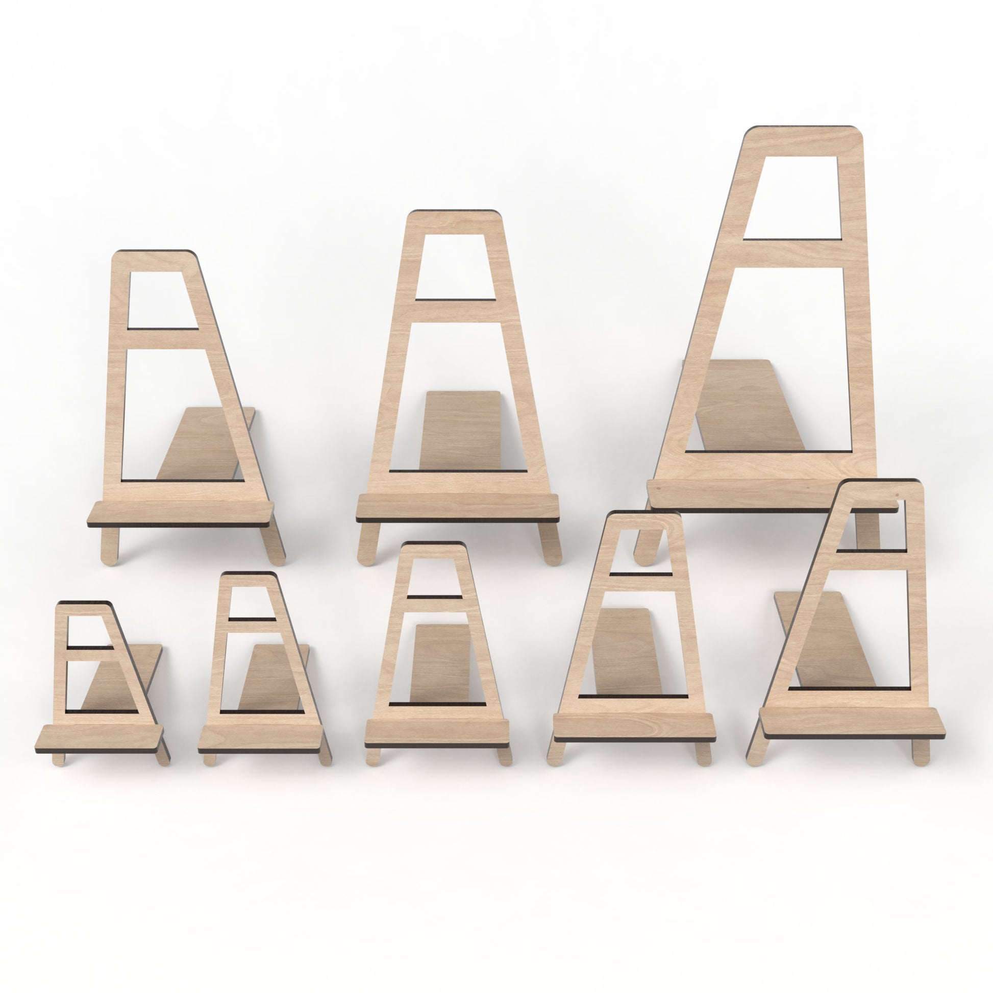Set of 8 easel display stands made from our laser cutting files and available for digital download. Sizes range from small 12cm to large 30cm, perfect for showcasing signs, pictures, products, and more with visual appeal and practicality.