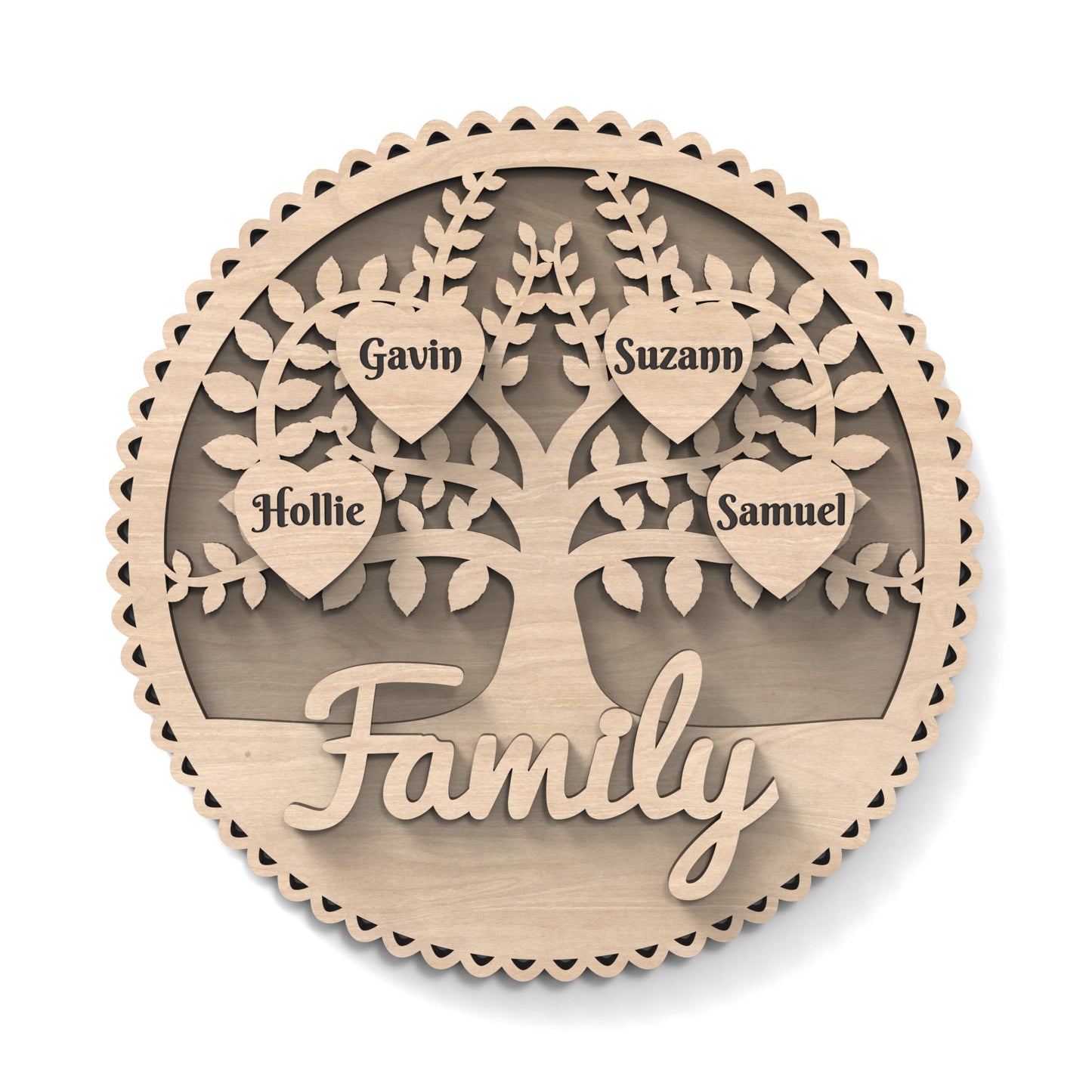 Personalized Family Tree Sign made from our laser cutting files and available as a digital download. The sign is 30cm in diameter with a scalloped edge and a tree cut out of its centre. It includes separate hearts for laser engraving and personalizing to stick on the front for each person.