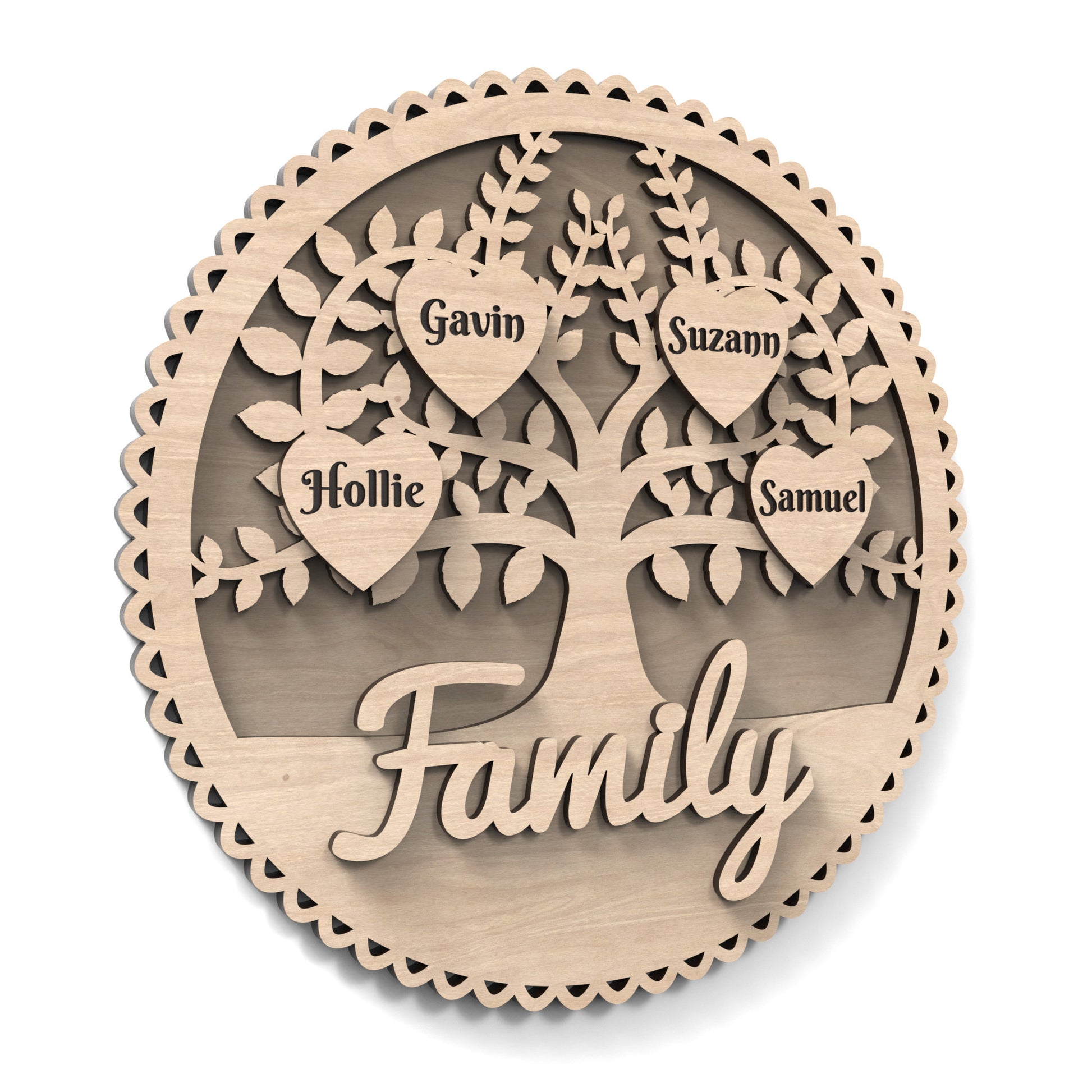 Personalized Family Tree Sign made from our laser cutting files and available as a digital download. The sign is 30cm in diameter with a scalloped edge and a tree cut out of its centre. It includes separate hearts for laser engraving and personalizing to stick on the front for each person.