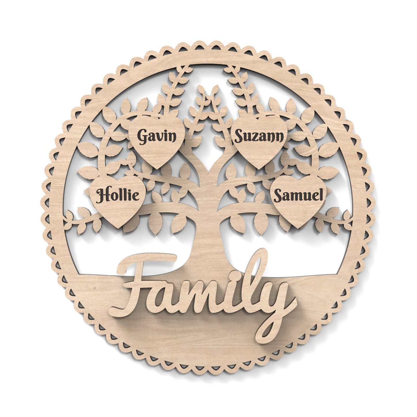 Personalized Family Tree Sign made from our laser cutting files and available as a digital download. The sign is 30cm in diameter with a scalloped edge and a tree cut out of its centre. It includes separate hearts for laser engraving and personalizing to stick on the front for each person.