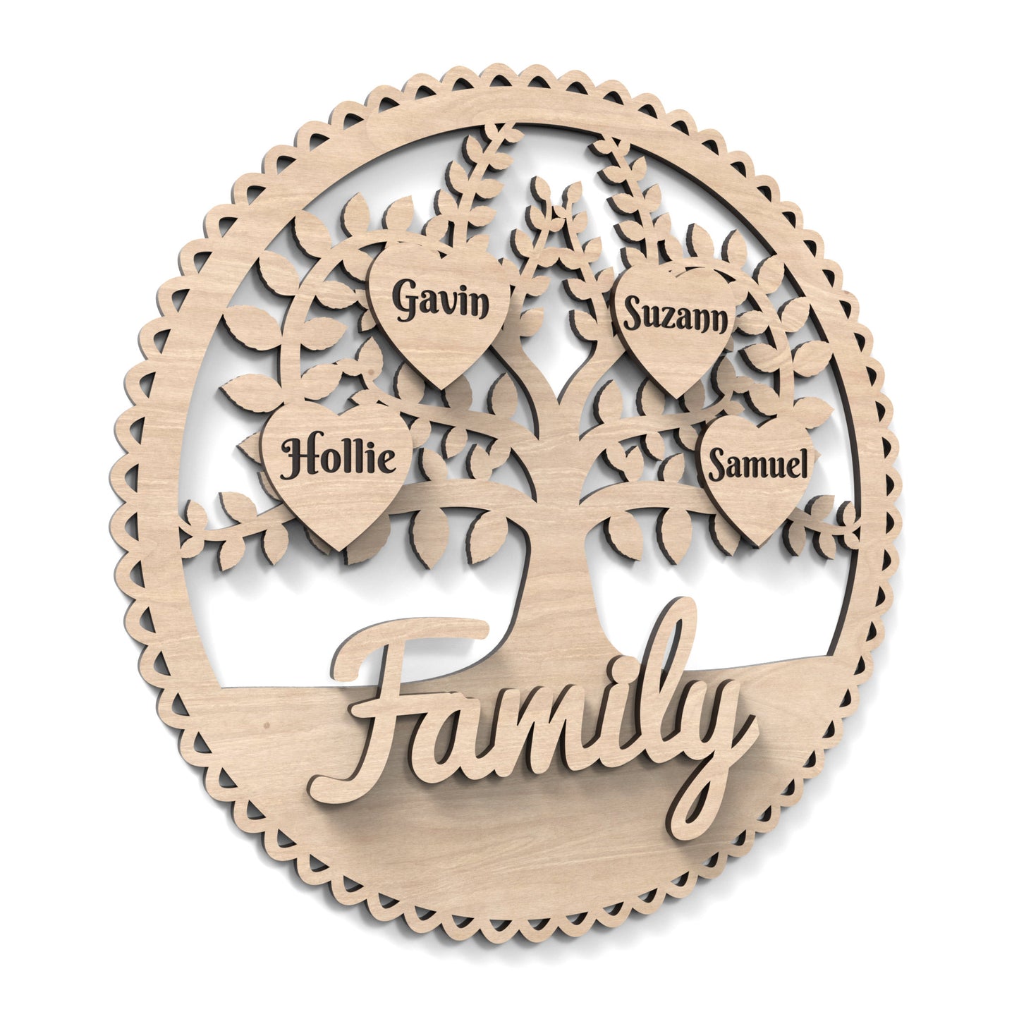 Personalized Family Tree Sign made from our laser cutting files and available as a digital download. The sign is 30cm in diameter with a scalloped edge and a tree cut out of its centre. It includes separate hearts for laser engraving and personalizing to stick on the front for each person.