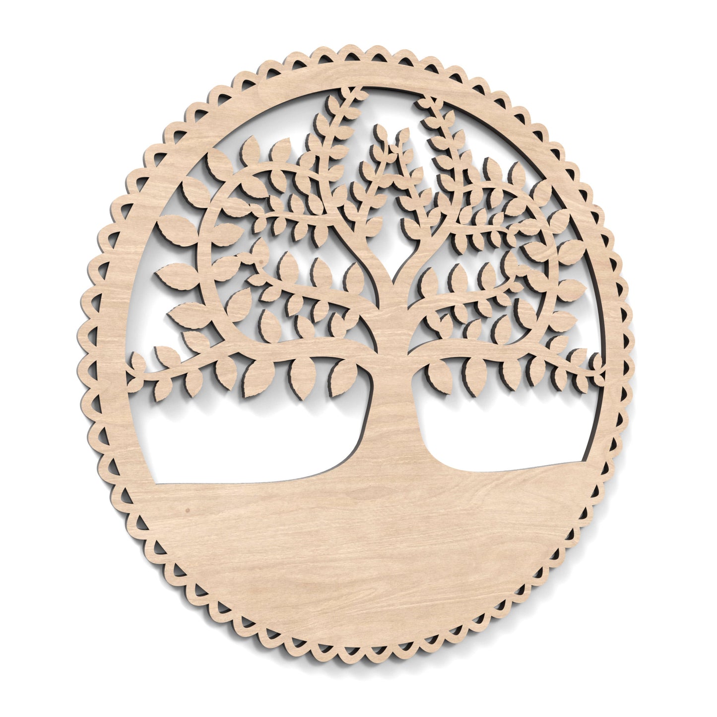 Personalized Family Tree Sign made from our laser cutting files and available as a digital download. The sign is 30cm in diameter with a scalloped edge and a tree cut out of its centre.