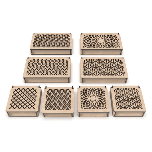 Set of 8 decorative flip-top boxes made from our laser cutting files and available for digital download. Ideal for storing jewelry, trinkets, or small items. Includes two sizes: large (20cm x 12cm) and small (12cm x 12cm), both 3.4cm deep.