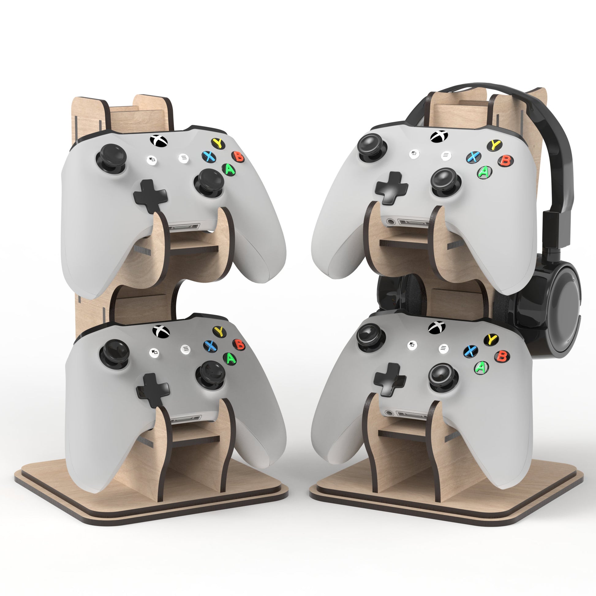 Set of 2 Game Controller Stands with Headphone Holder made from our laser cutting files and available for digital download. The perfect solution for organizing your gaming controllers and headphones in style, allowing you to stack two game controllers with a convenient headphone stand at the top.