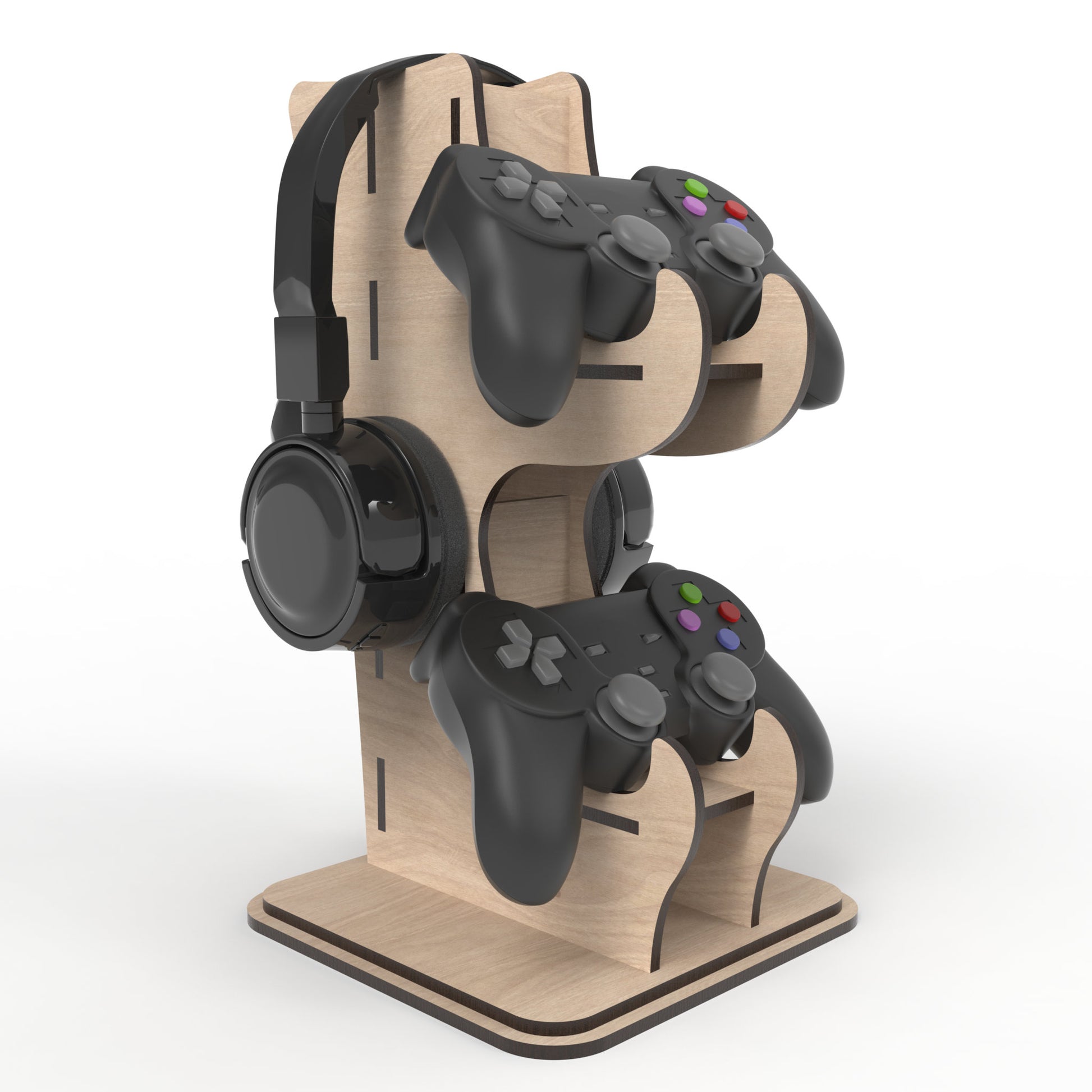 A Game Controller Stand with Headphone Holder made from our laser cutting files and available for digital download. The perfect solution for organizing your gaming controllers and headphones in style, allowing you to stack two game controllers with a convenient headphone stand at the top.