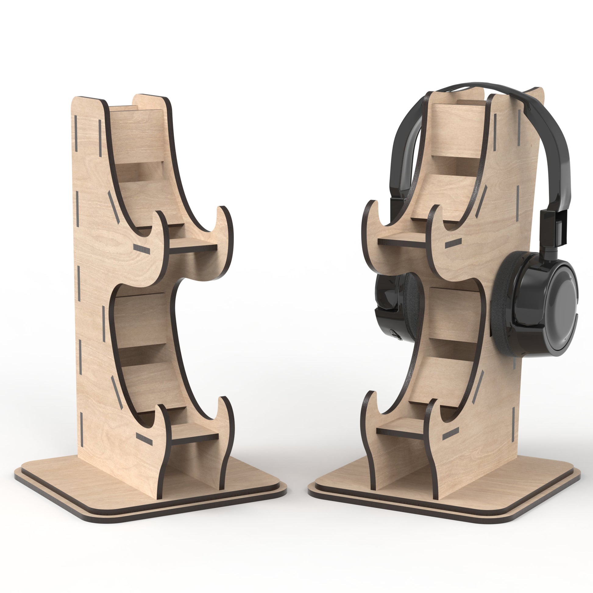 Set of 2 Game Controller Stands with Headphone Holder made from our laser cutting files and available for digital download. The perfect solution for organizing your gaming controllers and headphones in style, allowing you to stack two game controllers with a convenient headphone stand at the top.